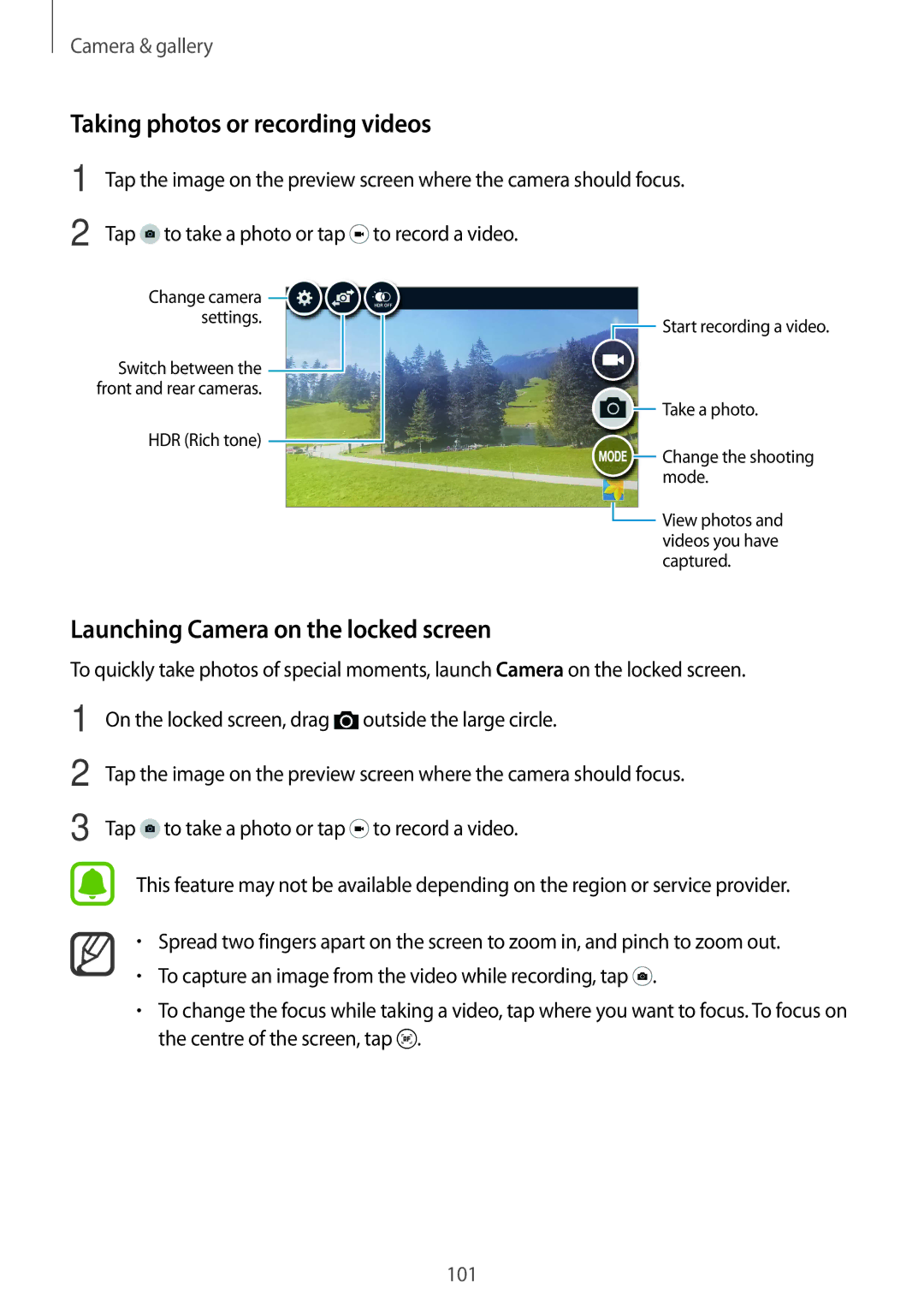 Samsung SM-N915FZWYNEE, SM-N915FZWYEUR manual Taking photos or recording videos, Launching Camera on the locked screen 