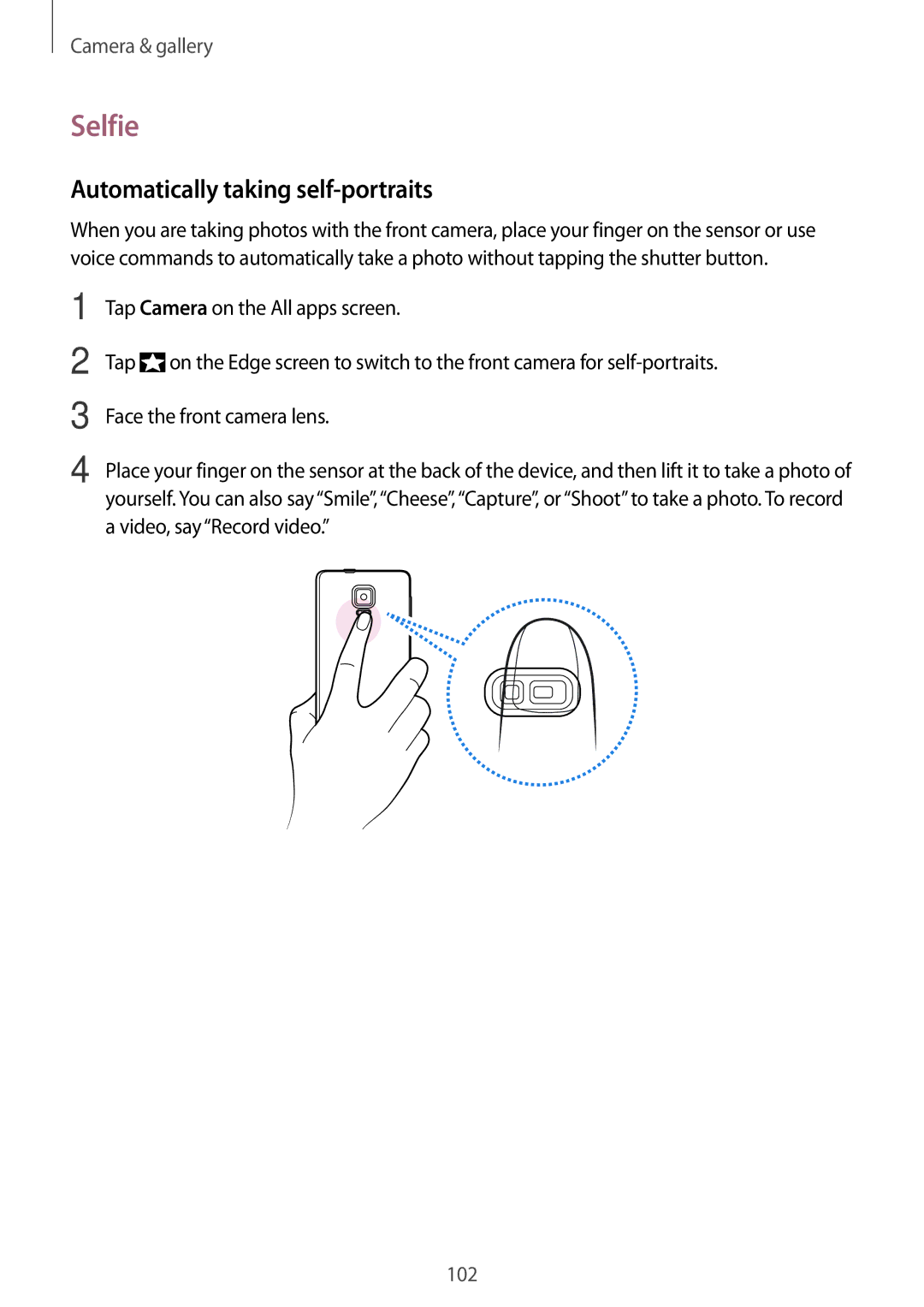 Samsung SM-N915FZKYNEE, SM-N915FZWYEUR, SM-N915FZKYATO, SM-N915FZWYTPH manual Selfie, Automatically taking self-portraits 