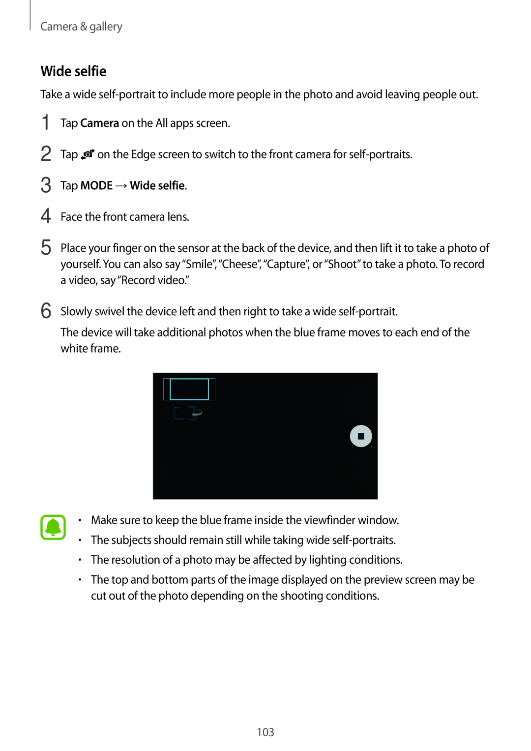 Samsung SM-N915FZWYSEB, SM-N915FZWYEUR, SM-N915FZKYATO, SM-N915FZWYTPH, SM-N915FZKYTPH manual Tap Mode →Wide selfie 