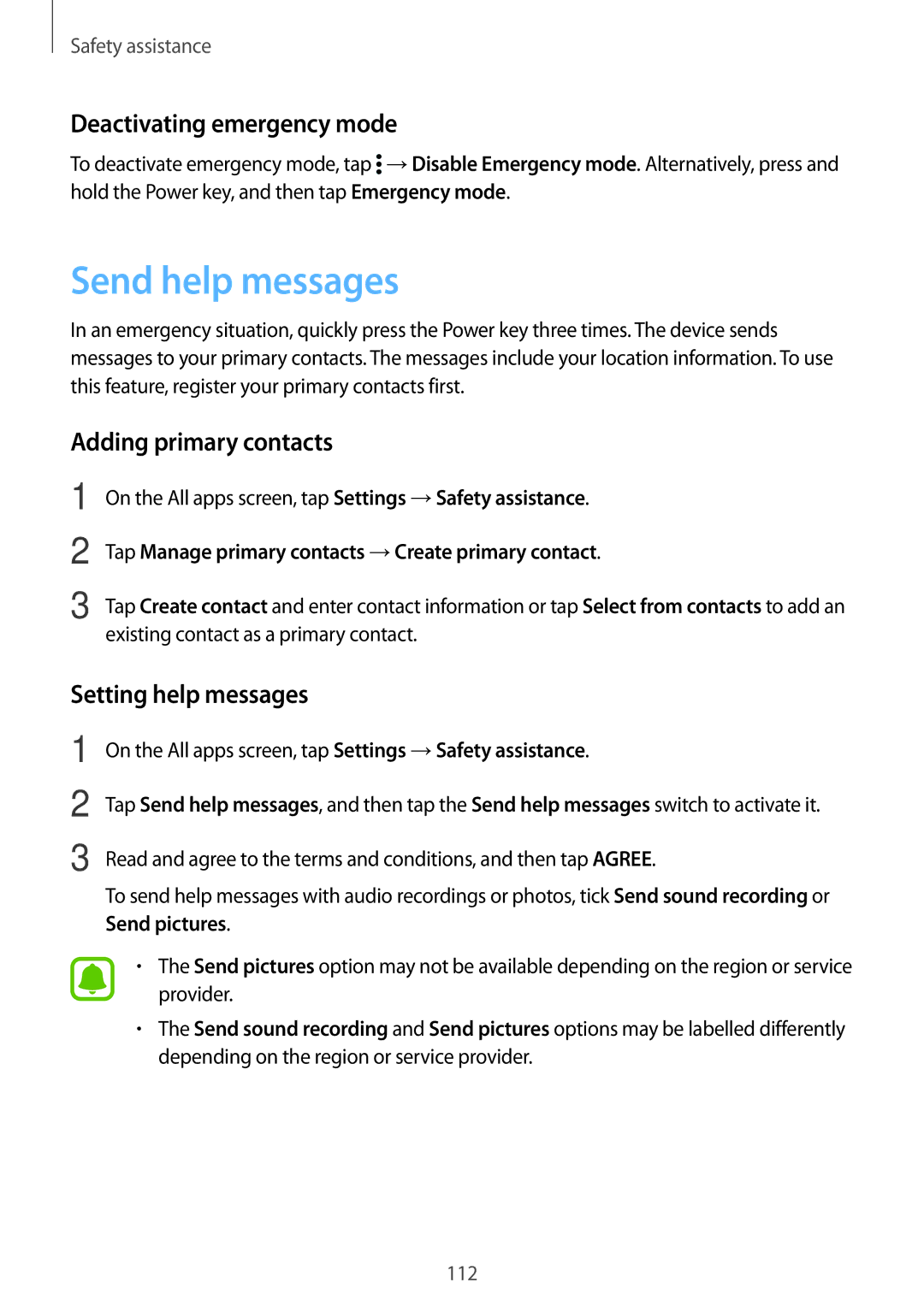 Samsung SM-N915FZWYXEO Send help messages, Deactivating emergency mode, Adding primary contacts, Setting help messages 