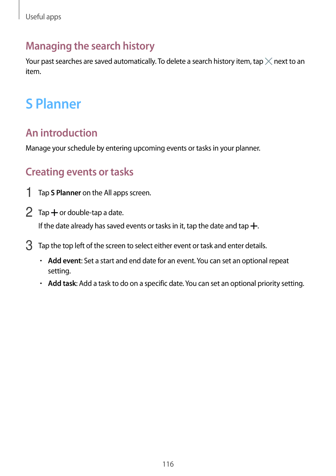 Samsung SM-N915FZKYSEB, SM-N915FZWYEUR, SM-N915FZKYATO manual Planner, Managing the search history, Creating events or tasks 