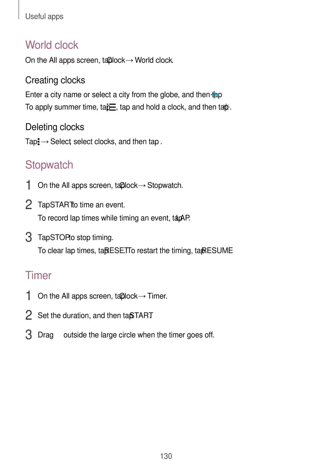 Samsung SM-N915FZKYBGL, SM-N915FZWYEUR, SM-N915FZKYATO manual World clock, Stopwatch, Timer, Creating clocks, Deleting clocks 