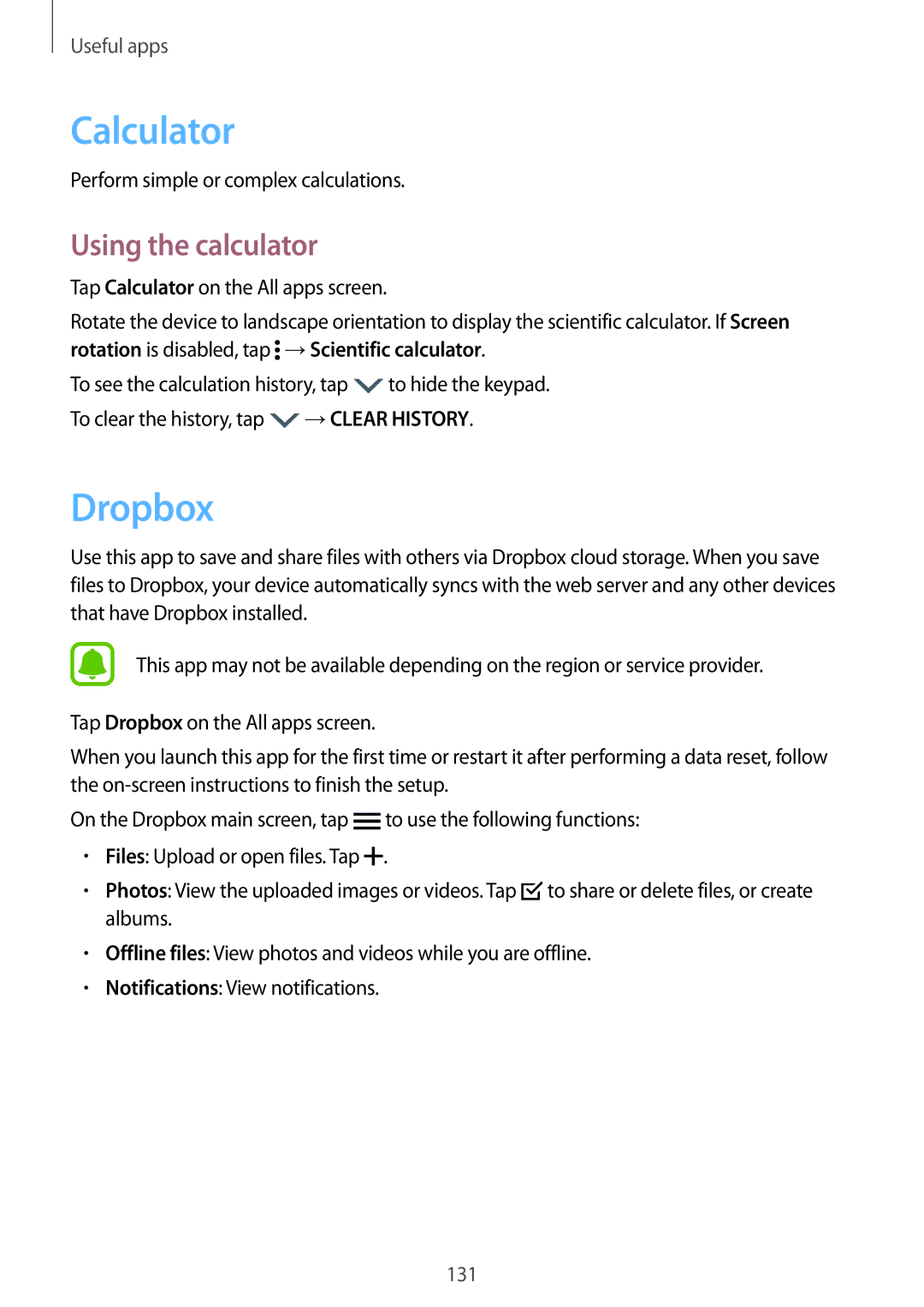 Samsung SM-N915FZWYXEH, SM-N915FZWYEUR Calculator, Dropbox, Using the calculator, Perform simple or complex calculations 