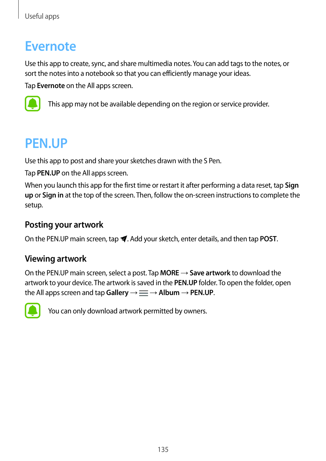 Samsung SM-N915FZKYETL Evernote, Posting your artwork, Viewing artwork, You can only download artwork permitted by owners 