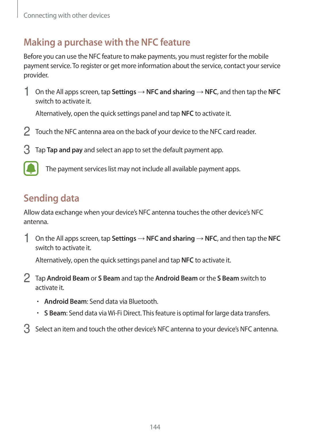 Samsung SM-N915FZWYEUR, SM-N915FZKYATO manual Making a purchase with the NFC feature, Sending data, Switch to activate it 