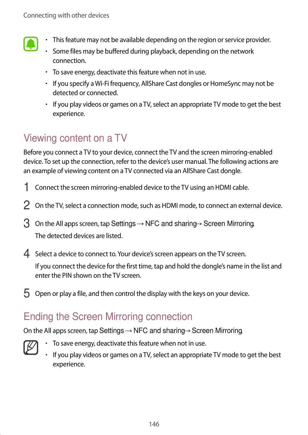 Samsung SM-N915FZWYTPH, SM-N915FZWYEUR, SM-N915FZKYATO manual Viewing content on a TV, Ending the Screen Mirroring connection 