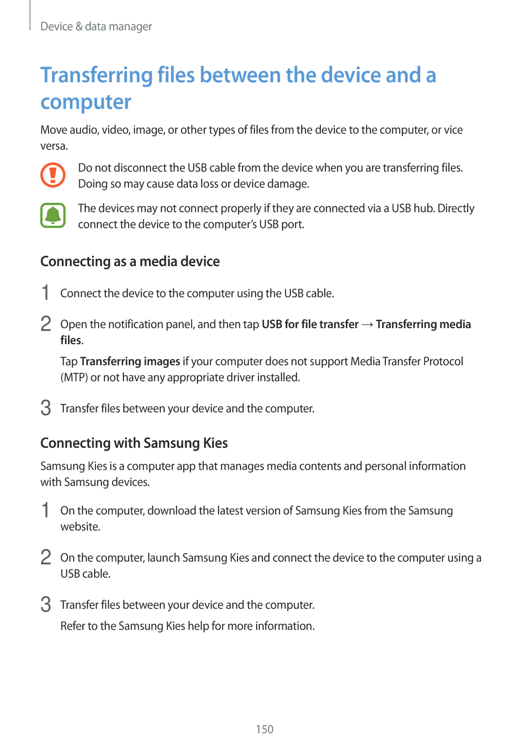 Samsung SM-N915FZKYEUR manual Transferring files between the device and a computer, Connecting as a media device, Files 