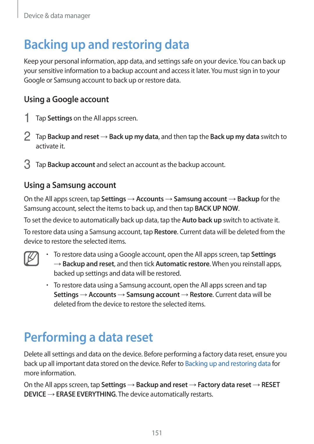 Samsung SM-N915FZWYATO, SM-N915FZWYEUR manual Backing up and restoring data, Performing a data reset, Using a Google account 