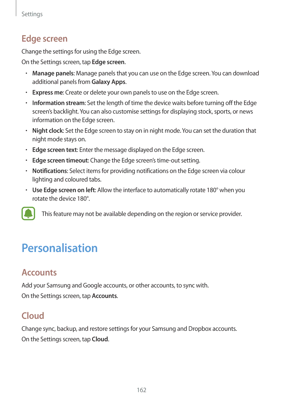 Samsung SM-N915FZWEKSA, SM-N915FZWYEUR, SM-N915FZKYATO, SM-N915FZWYTPH manual Personalisation, Edge screen, Accounts, Cloud 