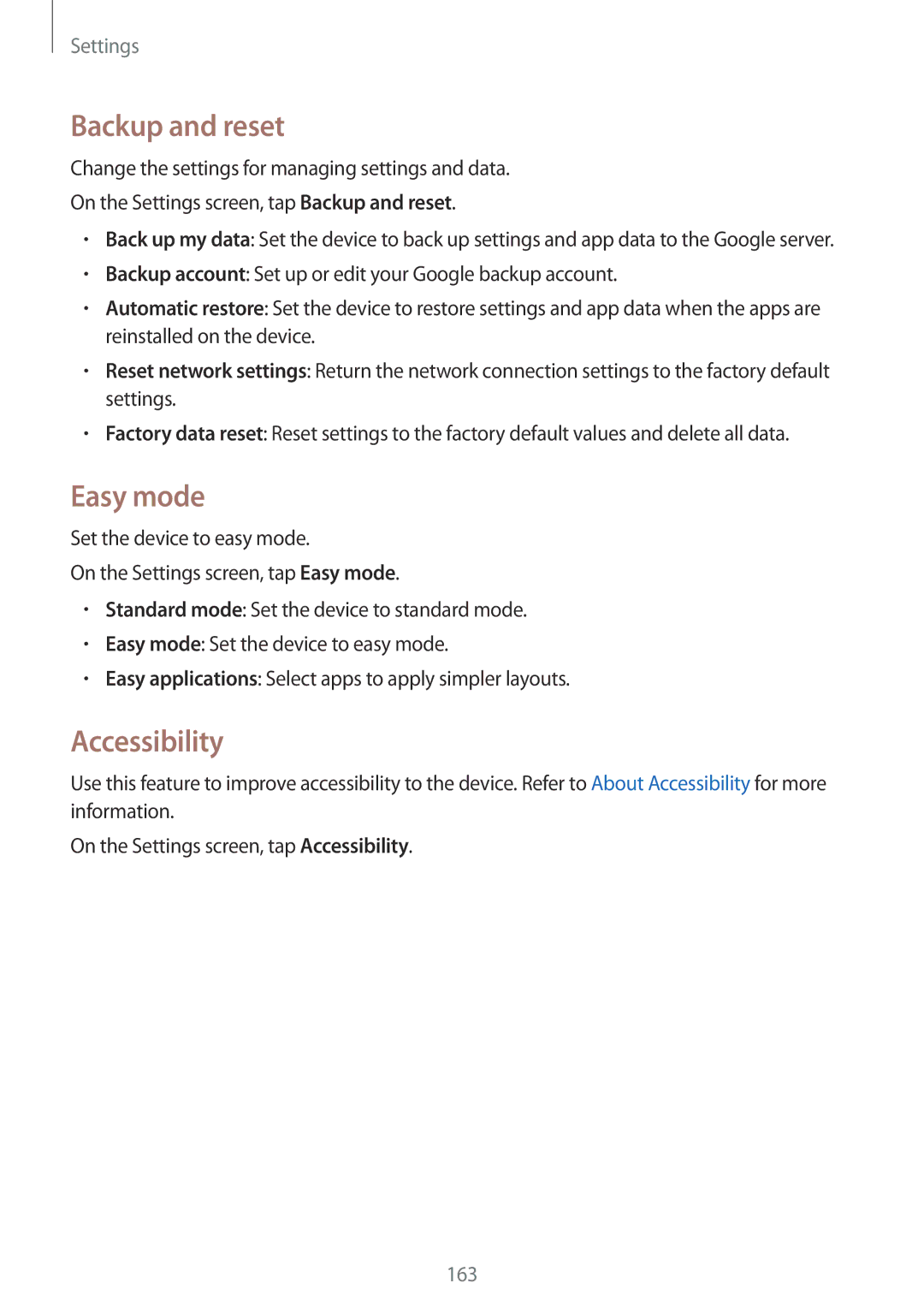 Samsung SM-N915FZKEXEV, SM-N915FZWYEUR, SM-N915FZKYATO, SM-N915FZWYTPH manual Backup and reset, Easy mode, Accessibility 