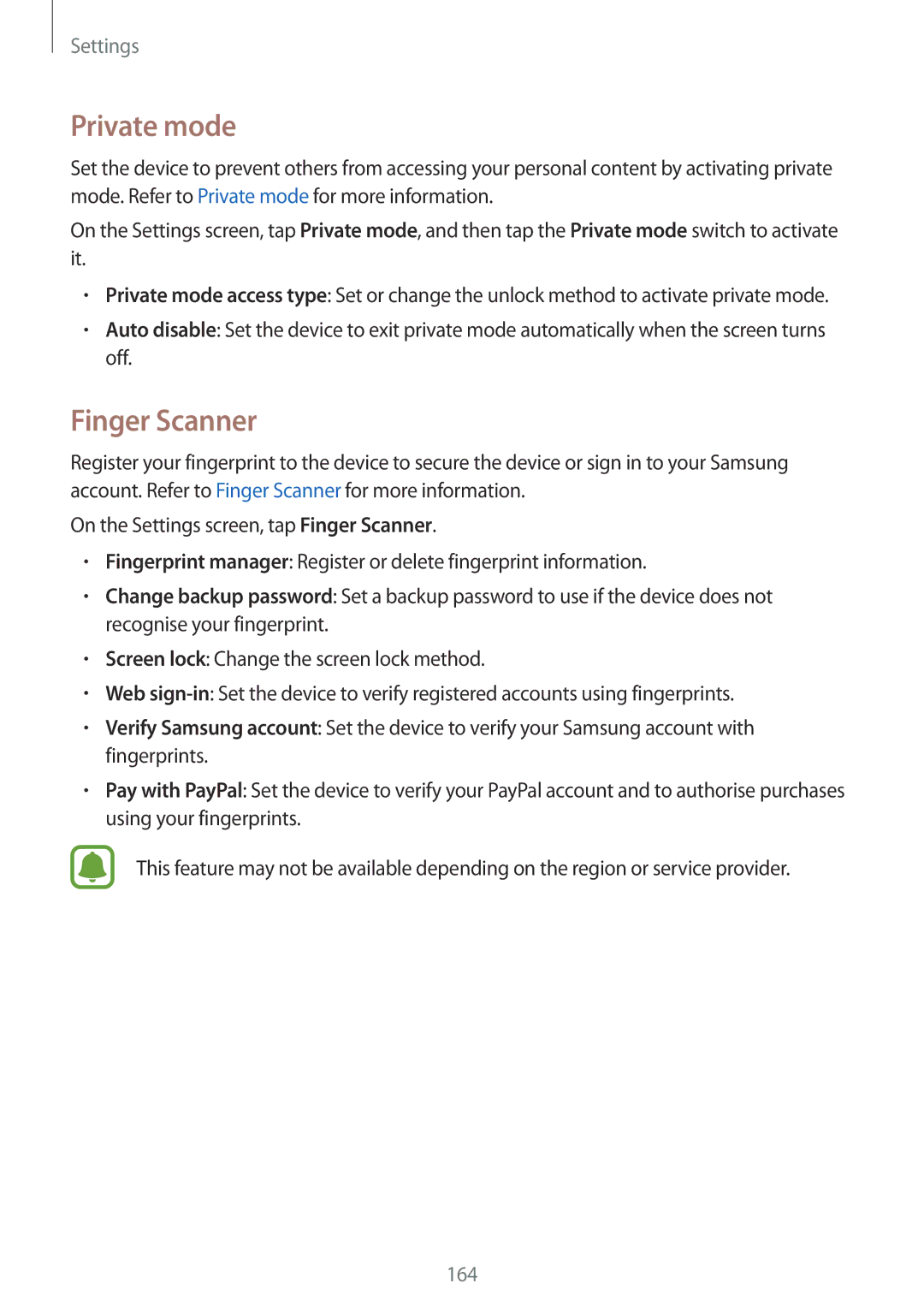 Samsung SM-N915FZWEXEV, SM-N915FZWYEUR, SM-N915FZKYATO, SM-N915FZWYTPH, SM-N915FZKYTPH manual Private mode, Finger Scanner 