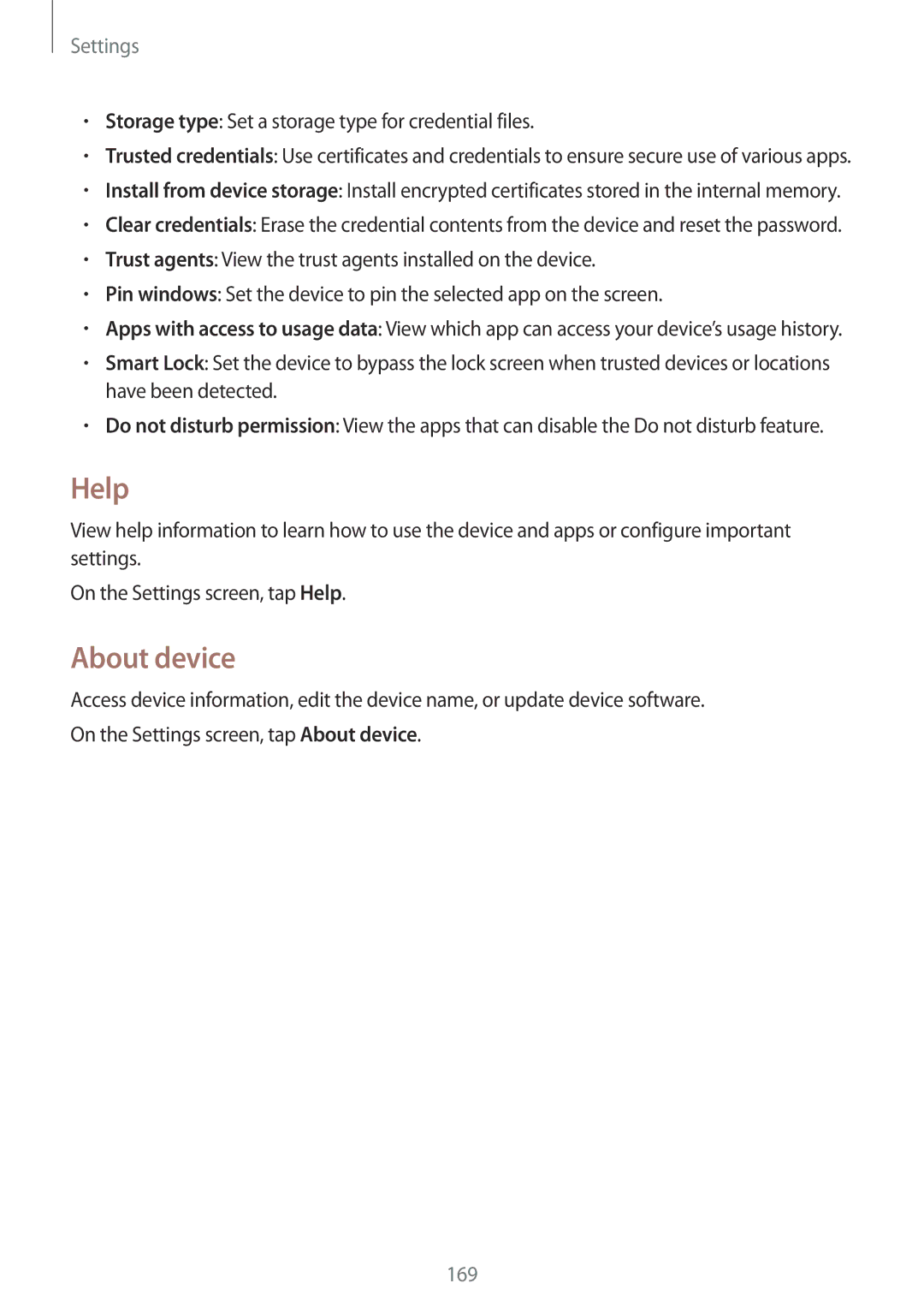 Samsung SM-N915FZKYORX, SM-N915FZWYEUR manual Help, About device, Storage type Set a storage type for credential files 