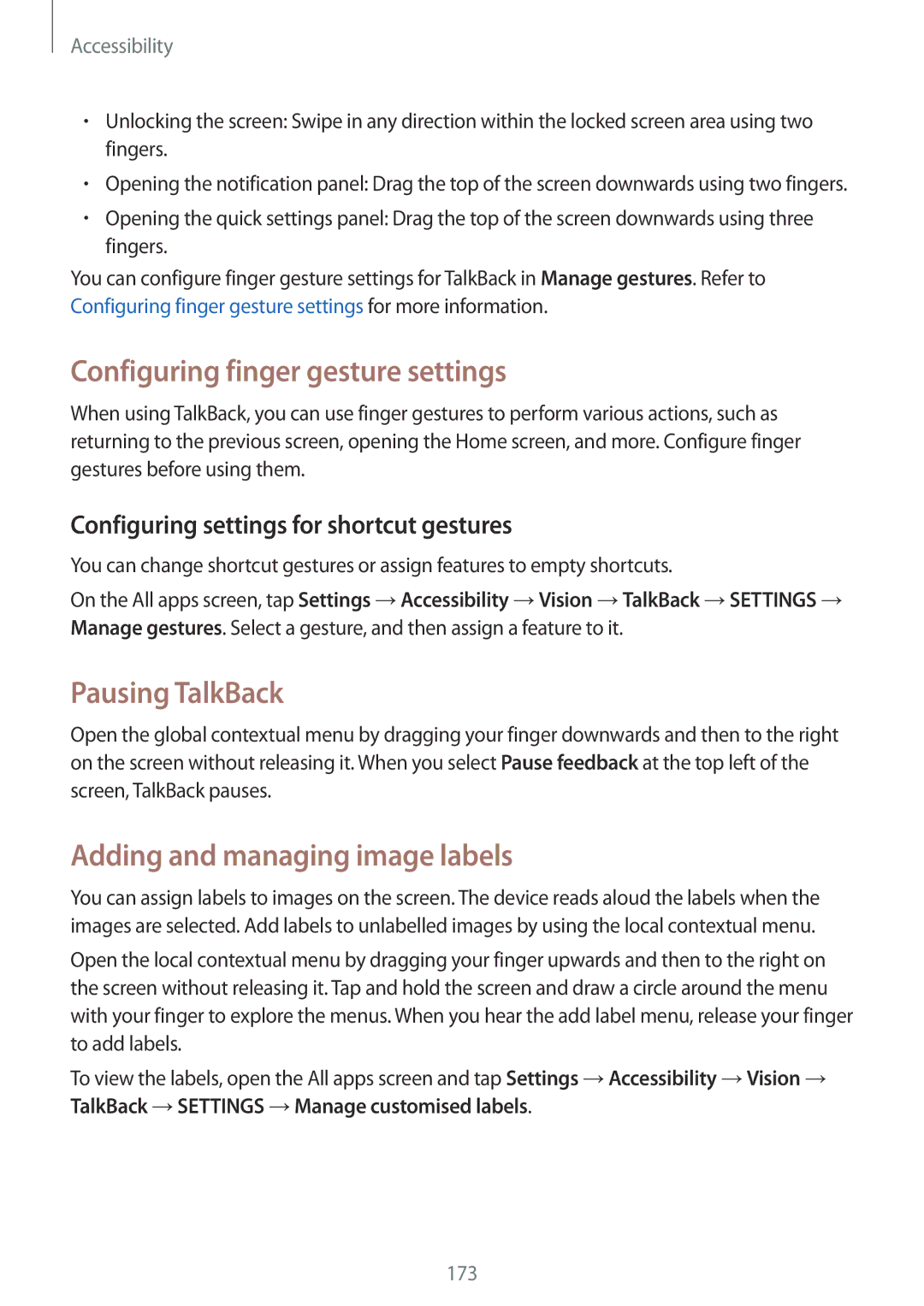 Samsung SM-N915FZWYNEE manual Configuring finger gesture settings, Pausing TalkBack, Adding and managing image labels 