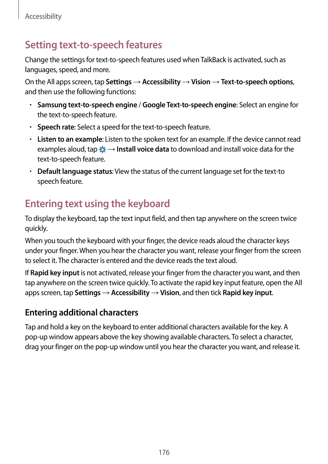 Samsung SM-N915FZWEILO Setting text-to-speech features, Entering text using the keyboard, Entering additional characters 