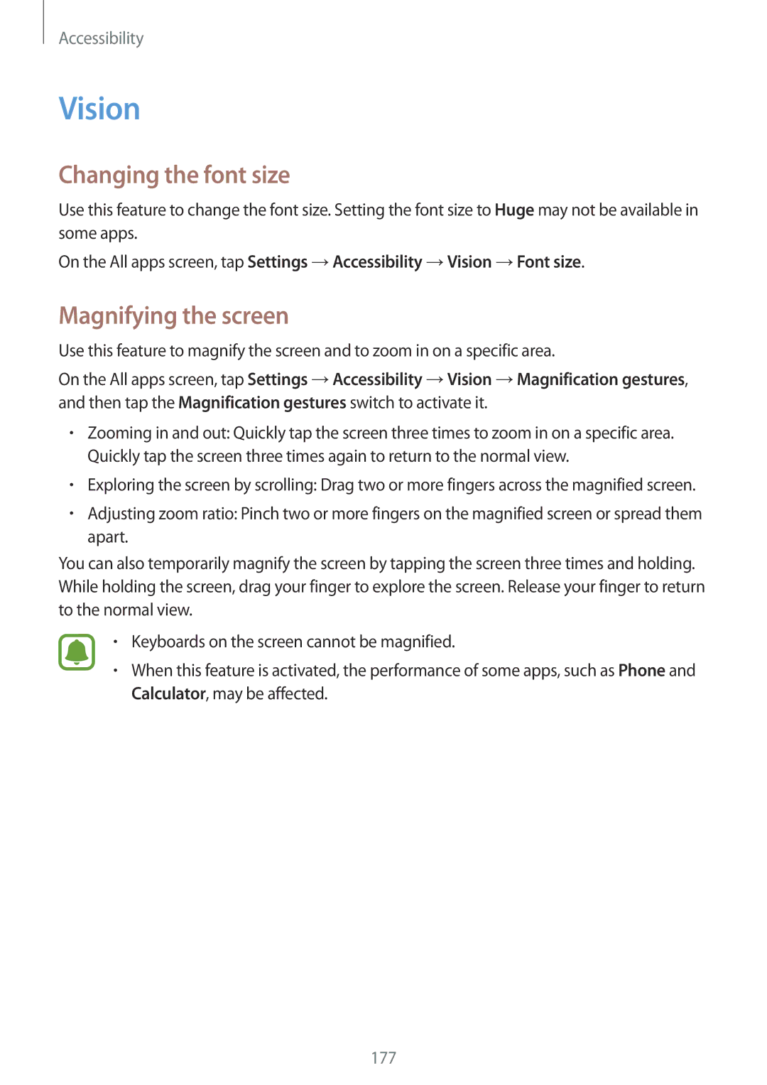 Samsung SM-N915FZKEILO, SM-N915FZWYEUR, SM-N915FZKYATO, SM-N915FZWYTPH Vision, Changing the font size, Magnifying the screen 