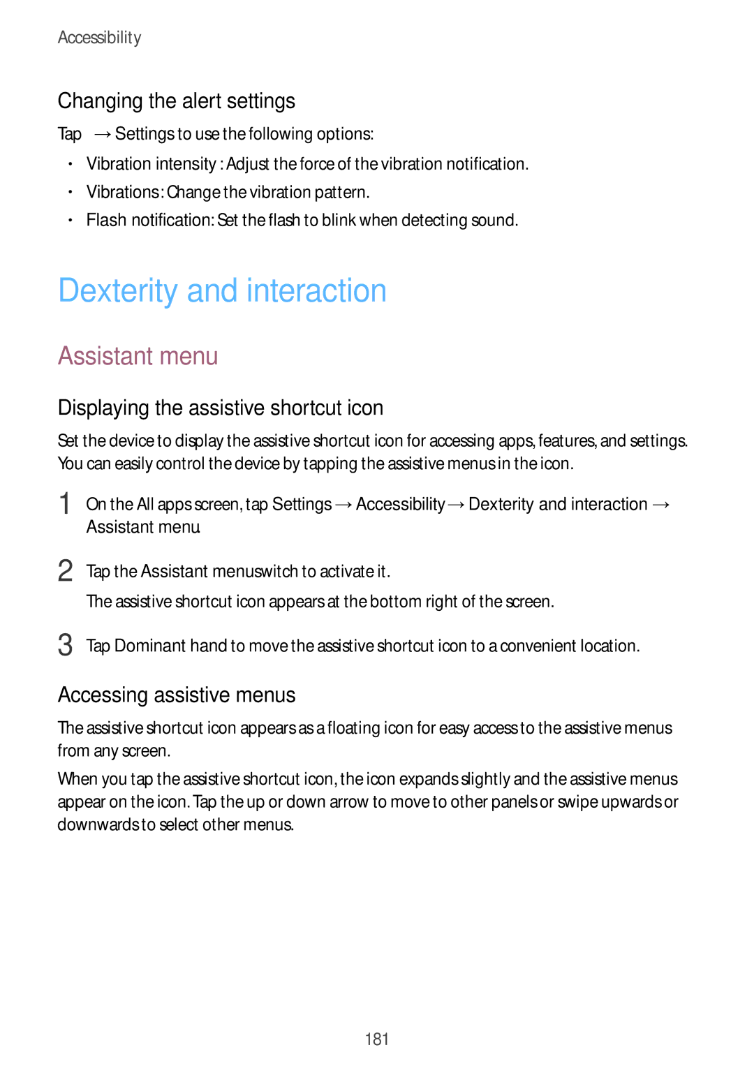 Samsung SM-N915FZKYATO Dexterity and interaction, Assistant menu, Changing the alert settings, Accessing assistive menus 