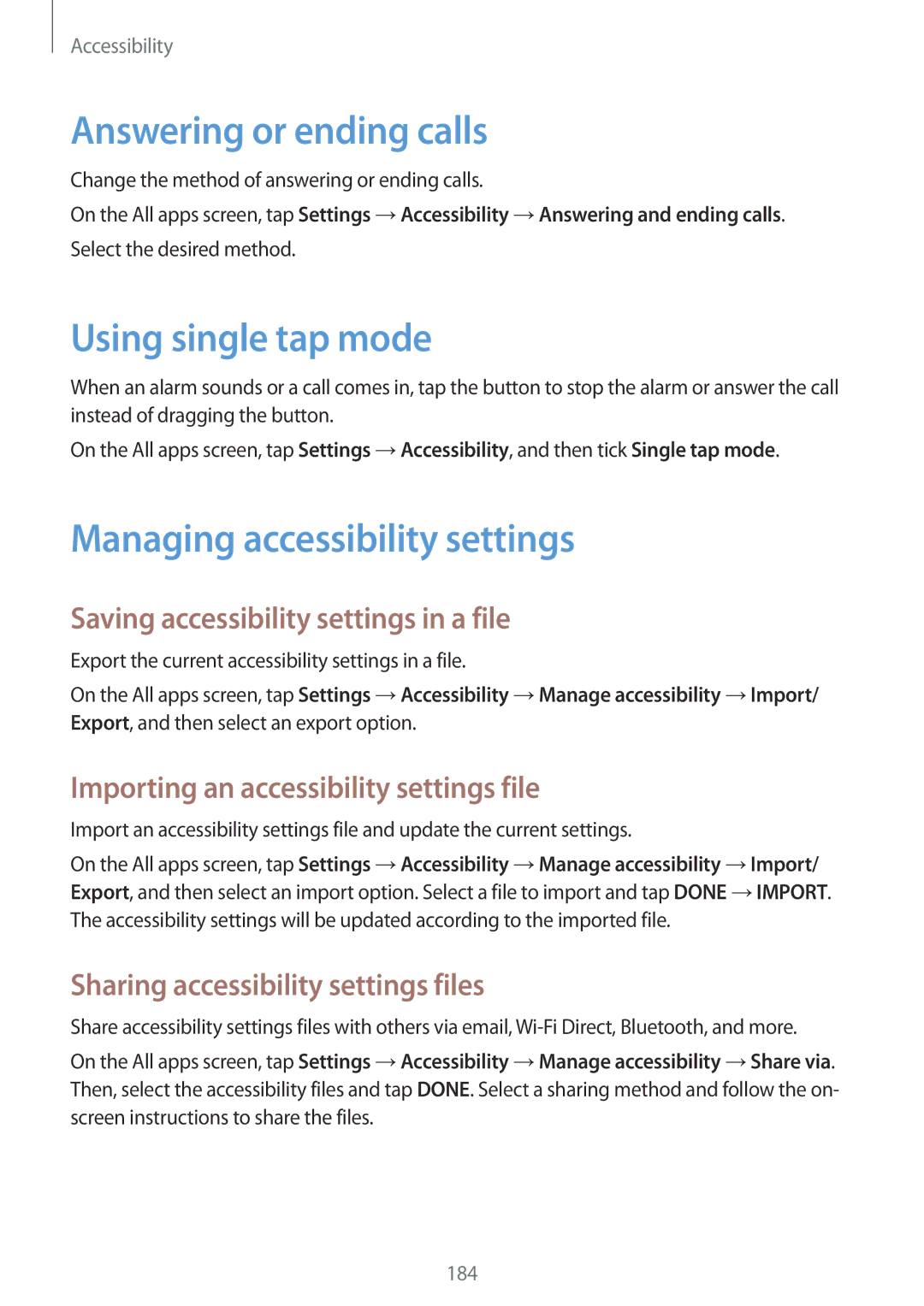 Samsung SM-N915FZWYXEO, SM-N915FZWYEUR Answering or ending calls, Using single tap mode, Managing accessibility settings 