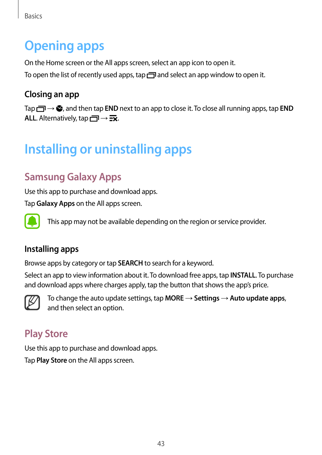 Samsung SM-N915FZWYATO, SM-N915FZWYEUR manual Opening apps, Installing or uninstalling apps, Samsung Galaxy Apps, Play Store 