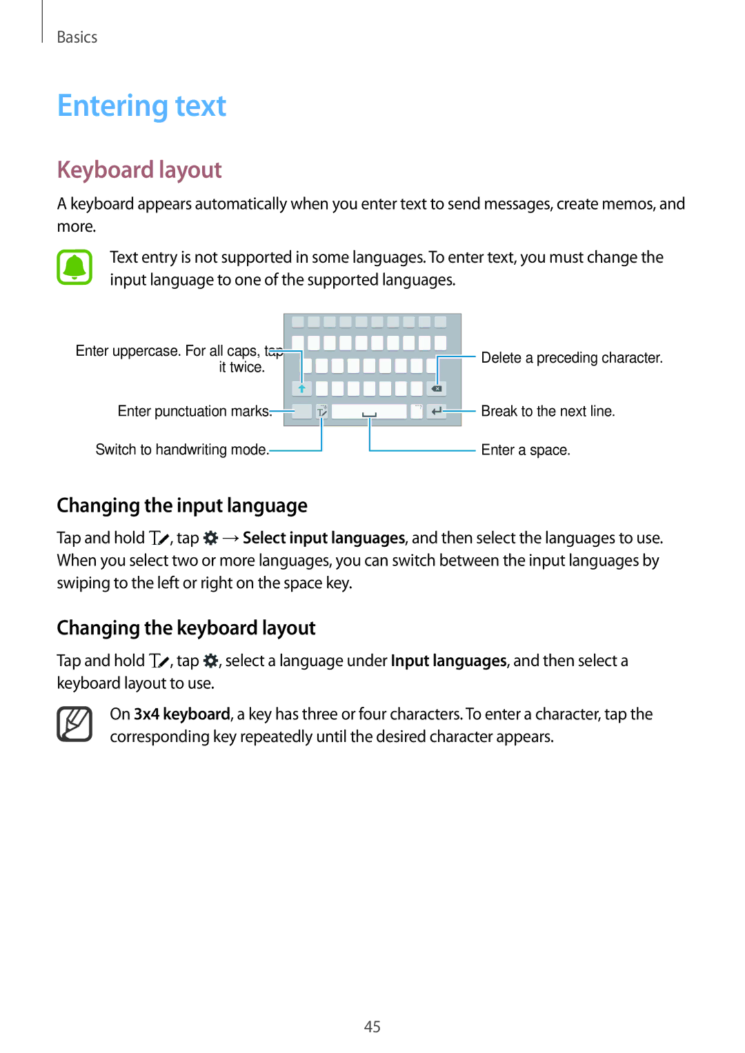 Samsung SM-N915FZKYDBT manual Entering text, Keyboard layout, Changing the input language, Changing the keyboard layout 