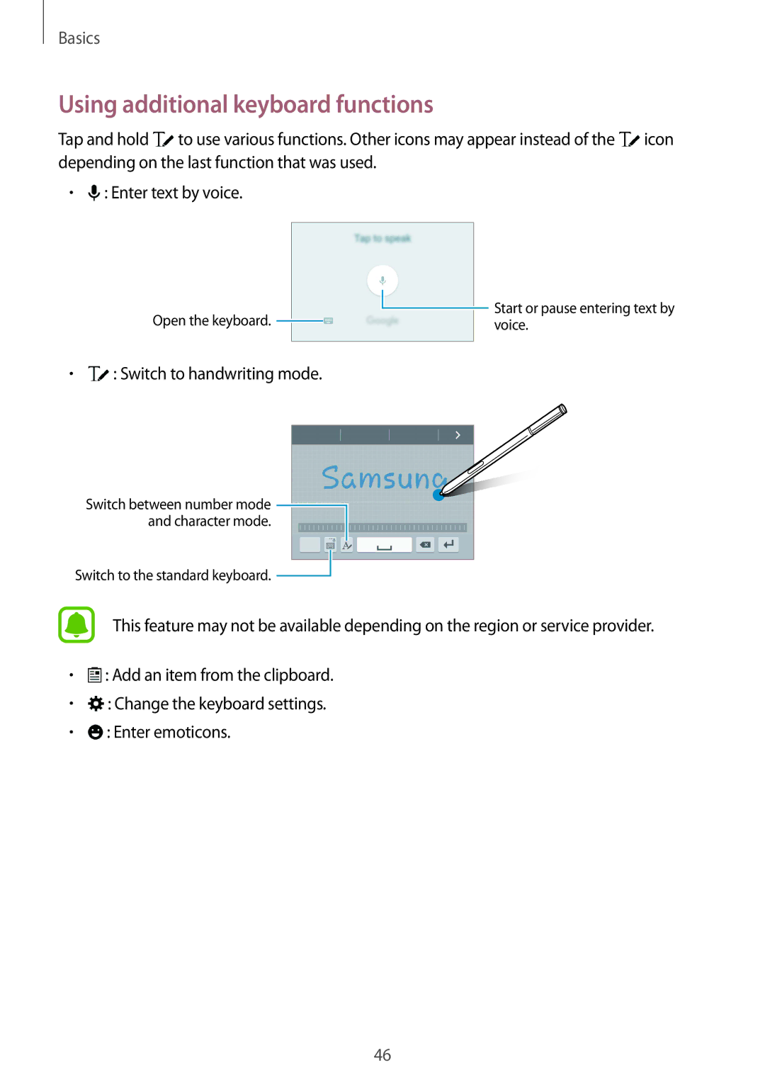 Samsung SM-N915FZKYXEF, SM-N915FZWYEUR, SM-N915FZKYATO manual Using additional keyboard functions, Switch to handwriting mode 