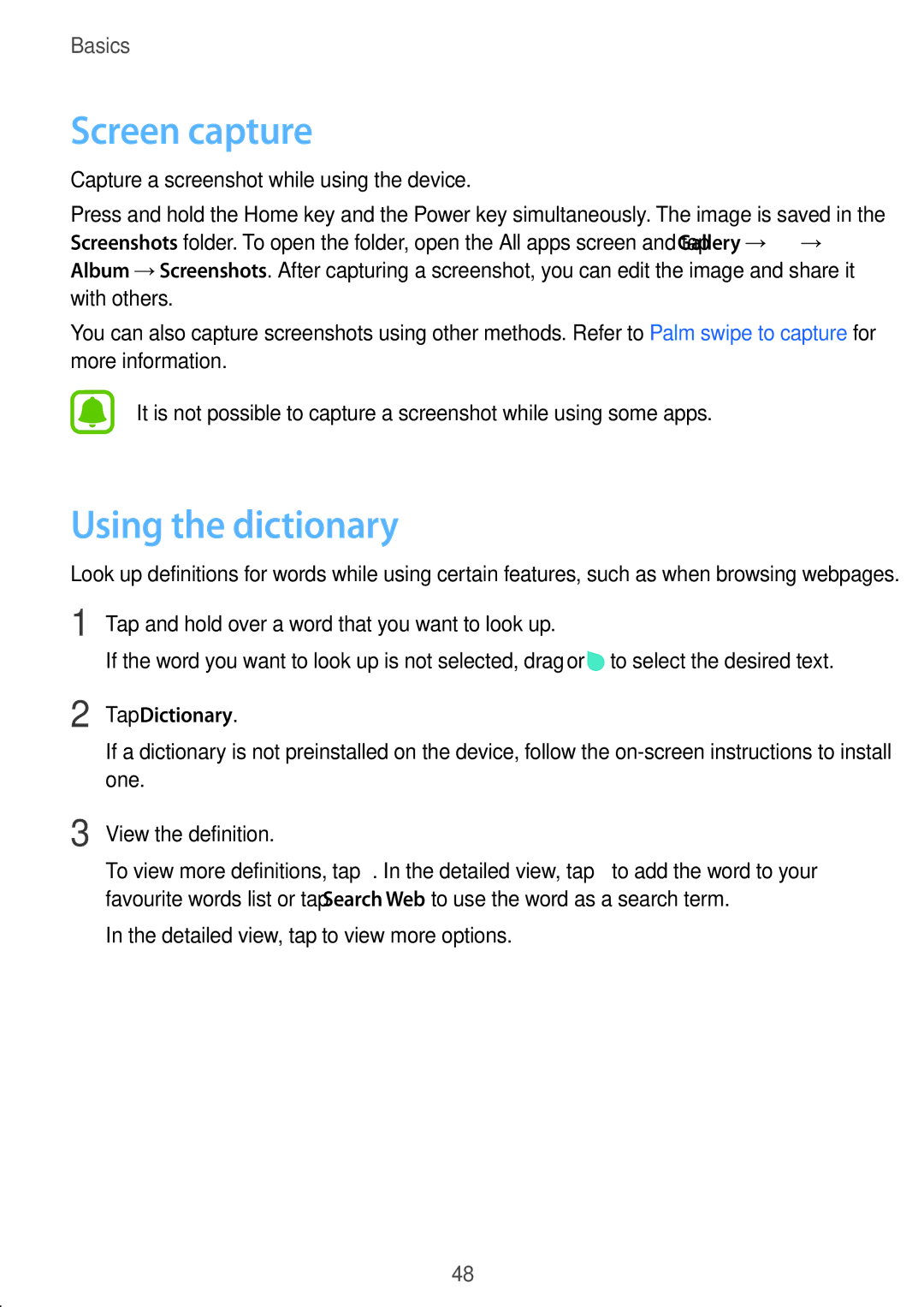 Samsung SM-N915FZWYITV manual Screen capture, Using the dictionary, Tap and hold over a word that you want to look up 