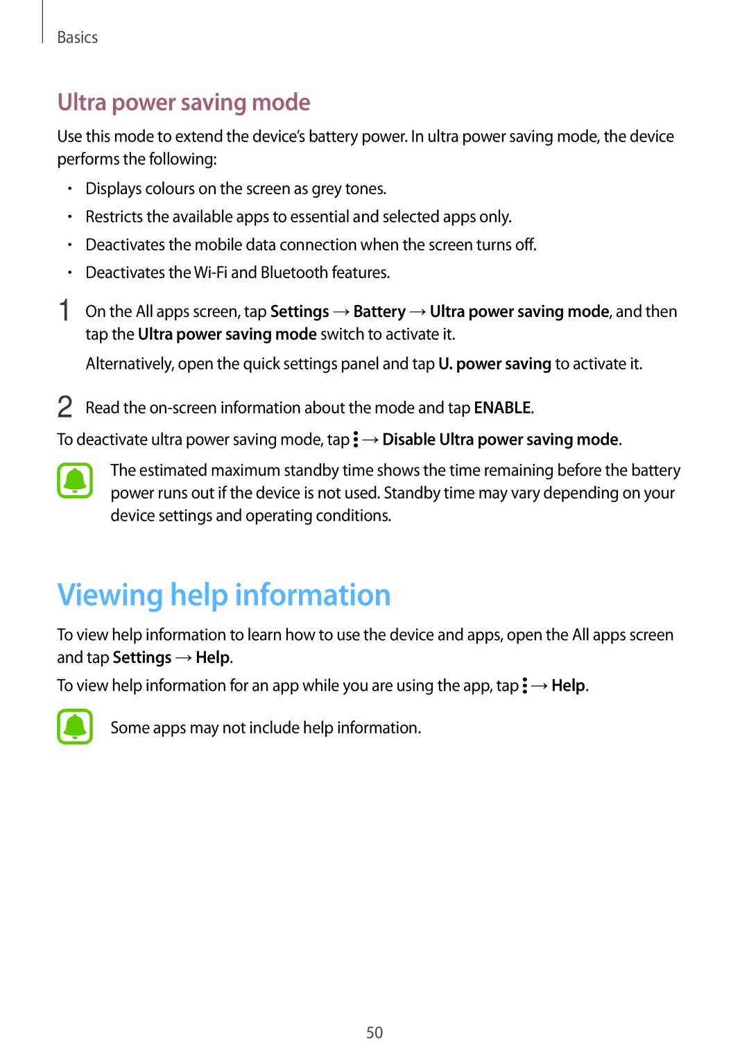 Samsung SM-N915FZKYAUT, SM-N915FZWYEUR, SM-N915FZKYATO, SM-N915FZWYTPH Viewing help information, Ultra power saving mode 