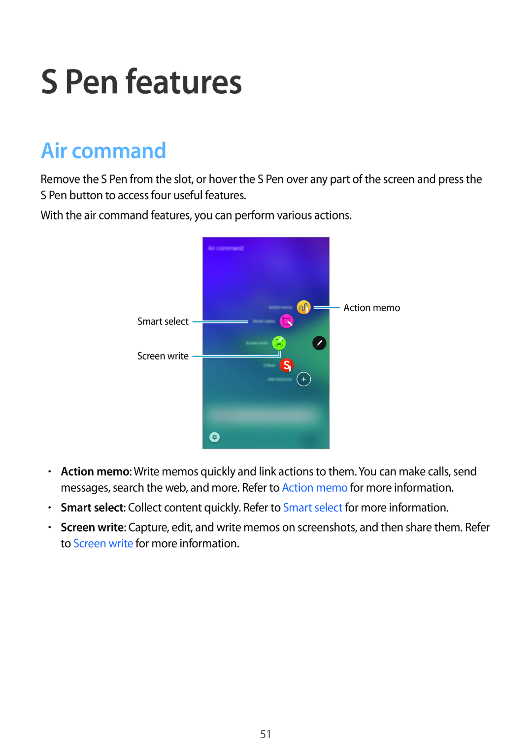 Samsung SM-N915FZKYITV, SM-N915FZWYEUR, SM-N915FZKYATO, SM-N915FZWYTPH, SM-N915FZKYTPH manual Pen features, Air command 