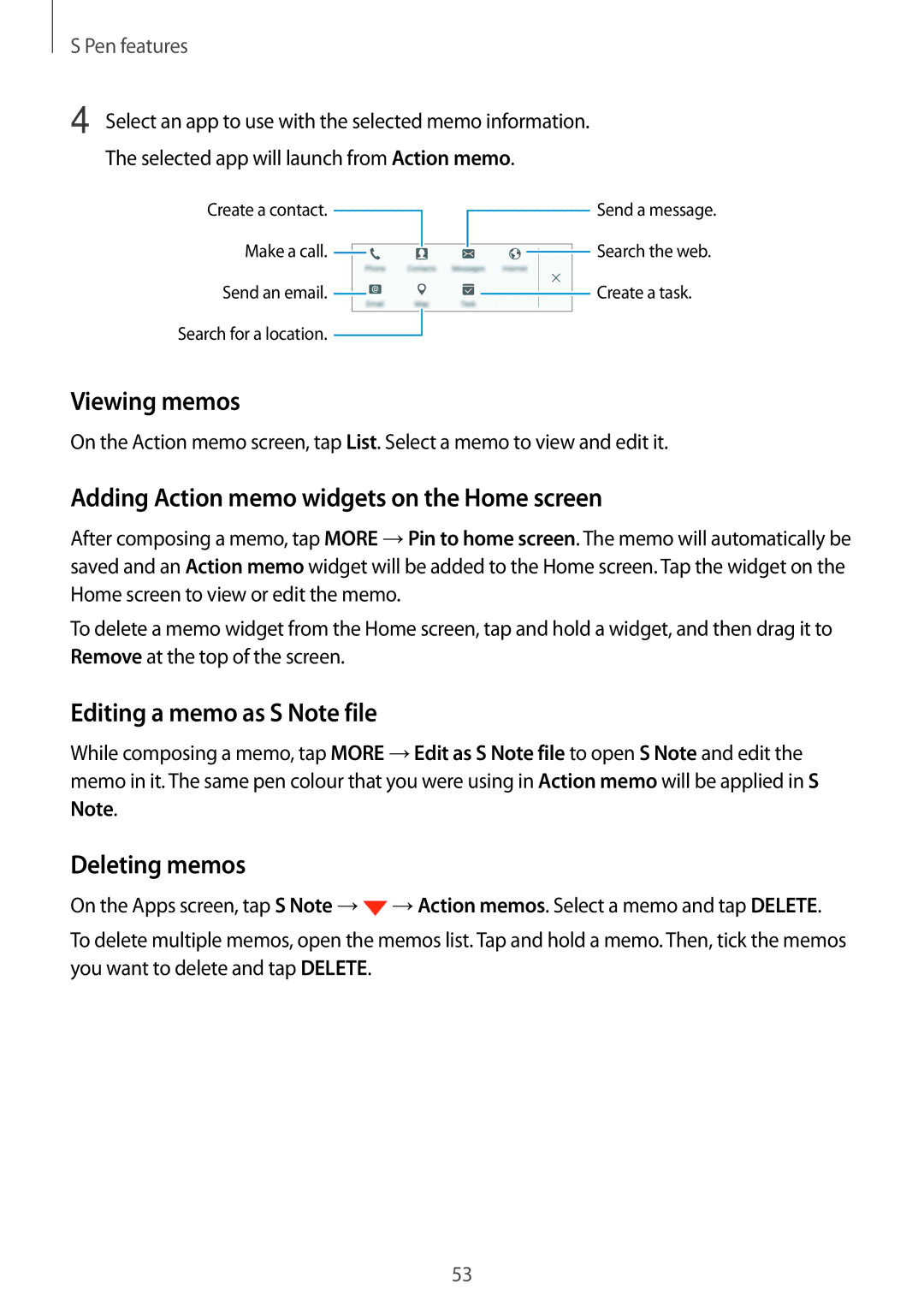 Samsung SM-N915FZKYPHE manual Viewing memos, Adding Action memo widgets on the Home screen, Editing a memo as S Note file 