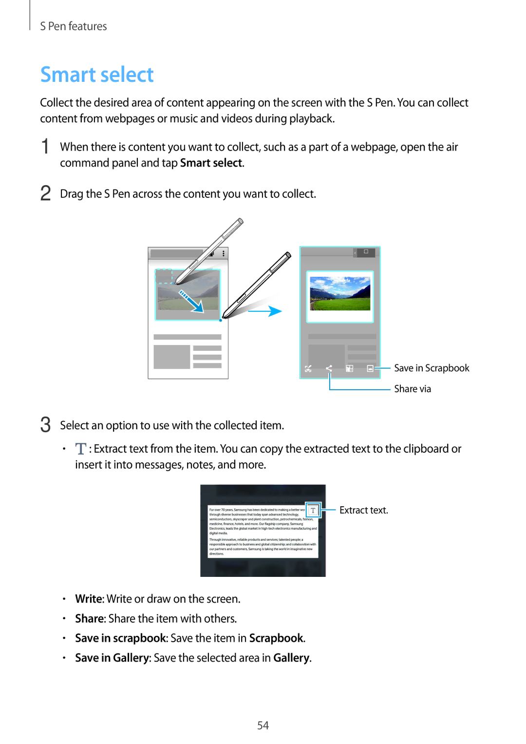 Samsung SM-N915FZWEKSA manual Command panel and tap Smart select, Drag the S Pen across the content you want to collect 