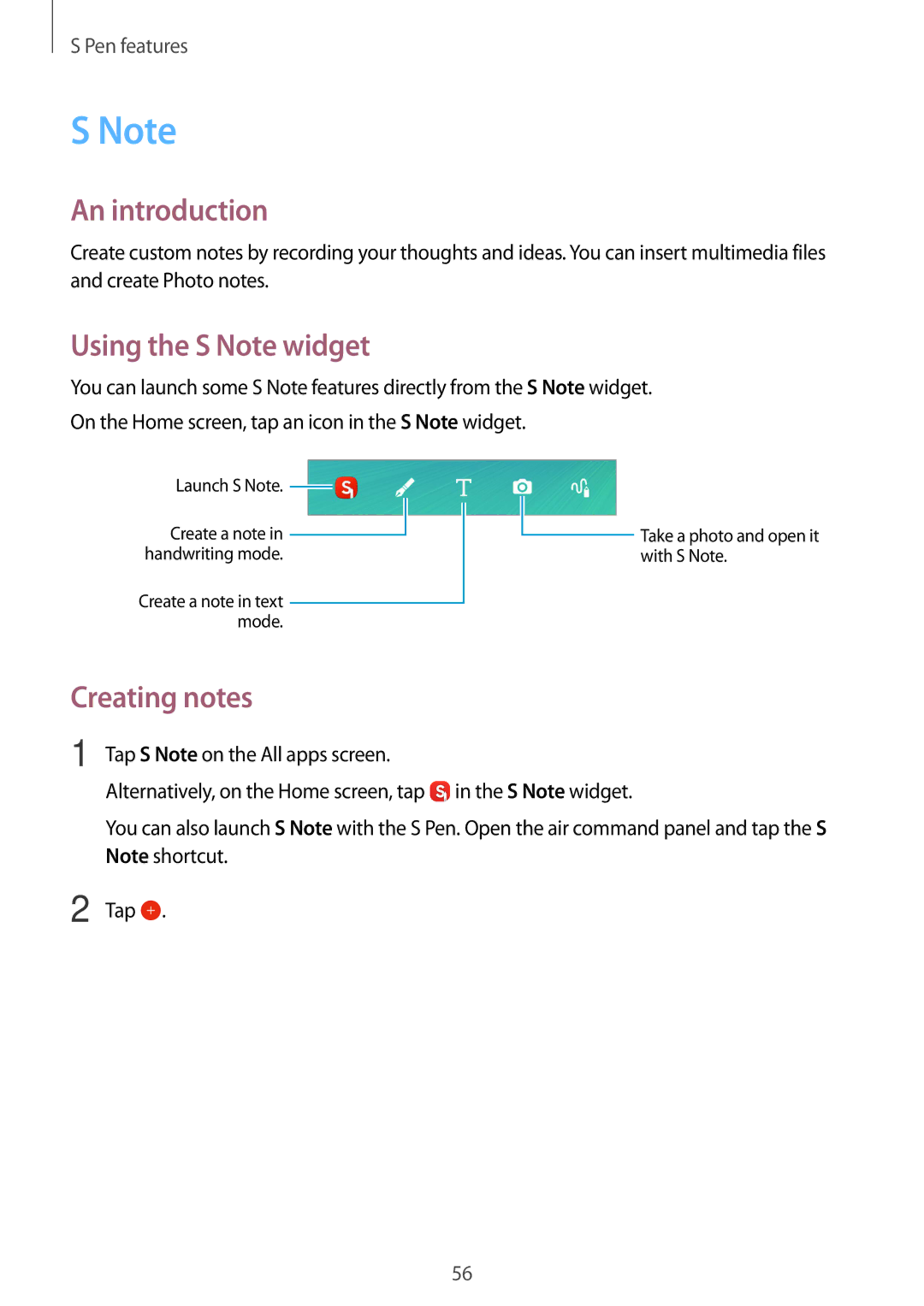 Samsung SM-N915FZWEXEV, SM-N915FZWYEUR, SM-N915FZKYATO, SM-N915FZWYTPH manual Using the S Note widget, Creating notes 