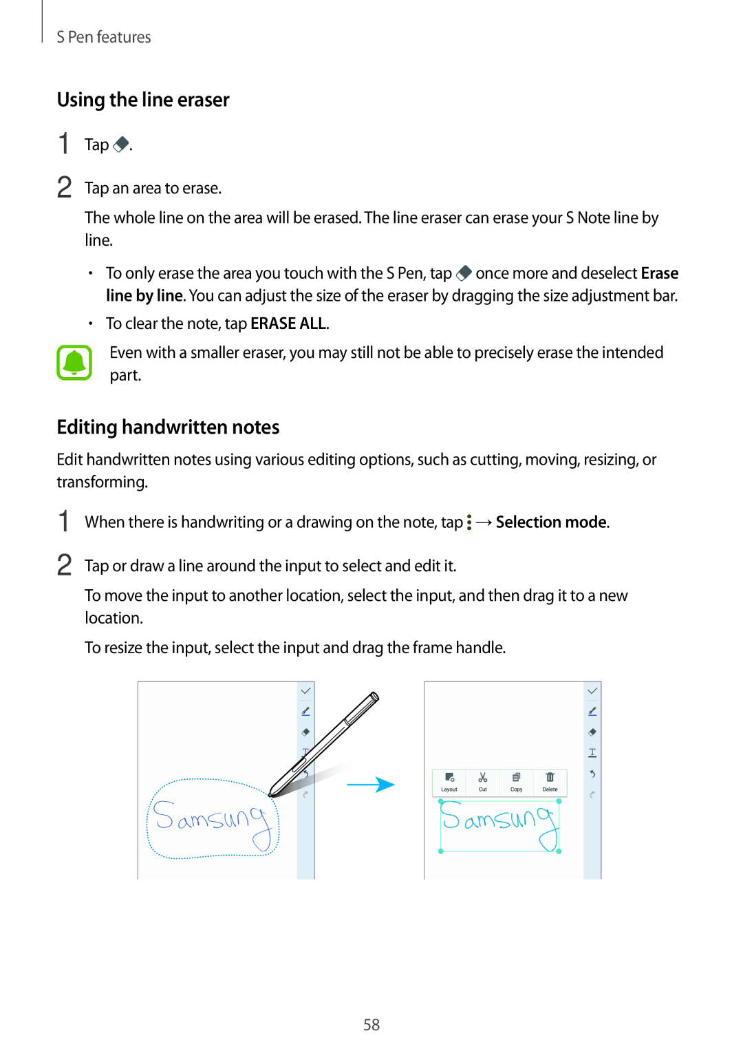 Samsung SM-N915FZKYBGL, SM-N915FZWYEUR, SM-N915FZKYATO, SM-N915FZWYTPH manual Using the line eraser, Editing handwritten notes 