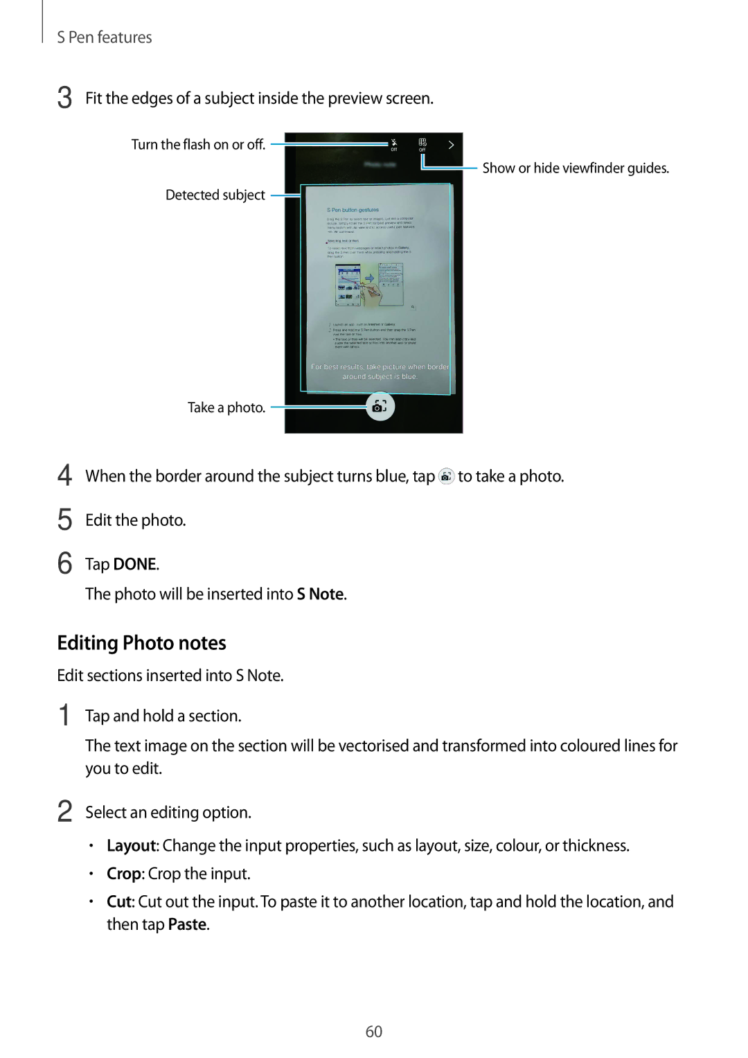 Samsung SM-N915FZWYORX manual Editing Photo notes, Fit the edges of a subject inside the preview screen, You to edit 