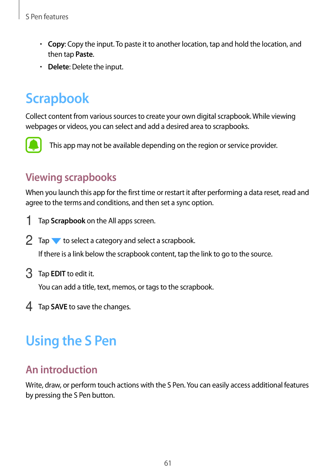 Samsung SM-N915FZKYORX, SM-N915FZWYEUR, SM-N915FZKYATO, SM-N915FZWYTPH manual Scrapbook, Using the S Pen, Viewing scrapbooks 