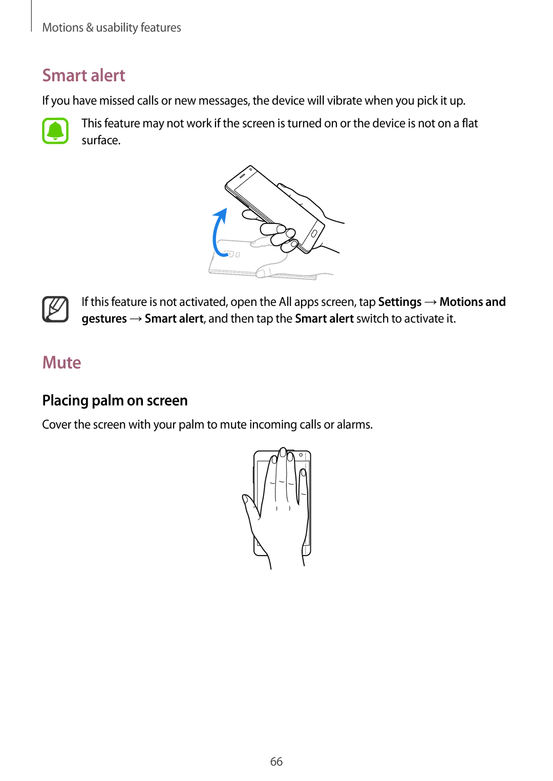 Samsung SM-N915FZKYNEE, SM-N915FZWYEUR, SM-N915FZKYATO, SM-N915FZWYTPH manual Smart alert, Mute, Placing palm on screen 