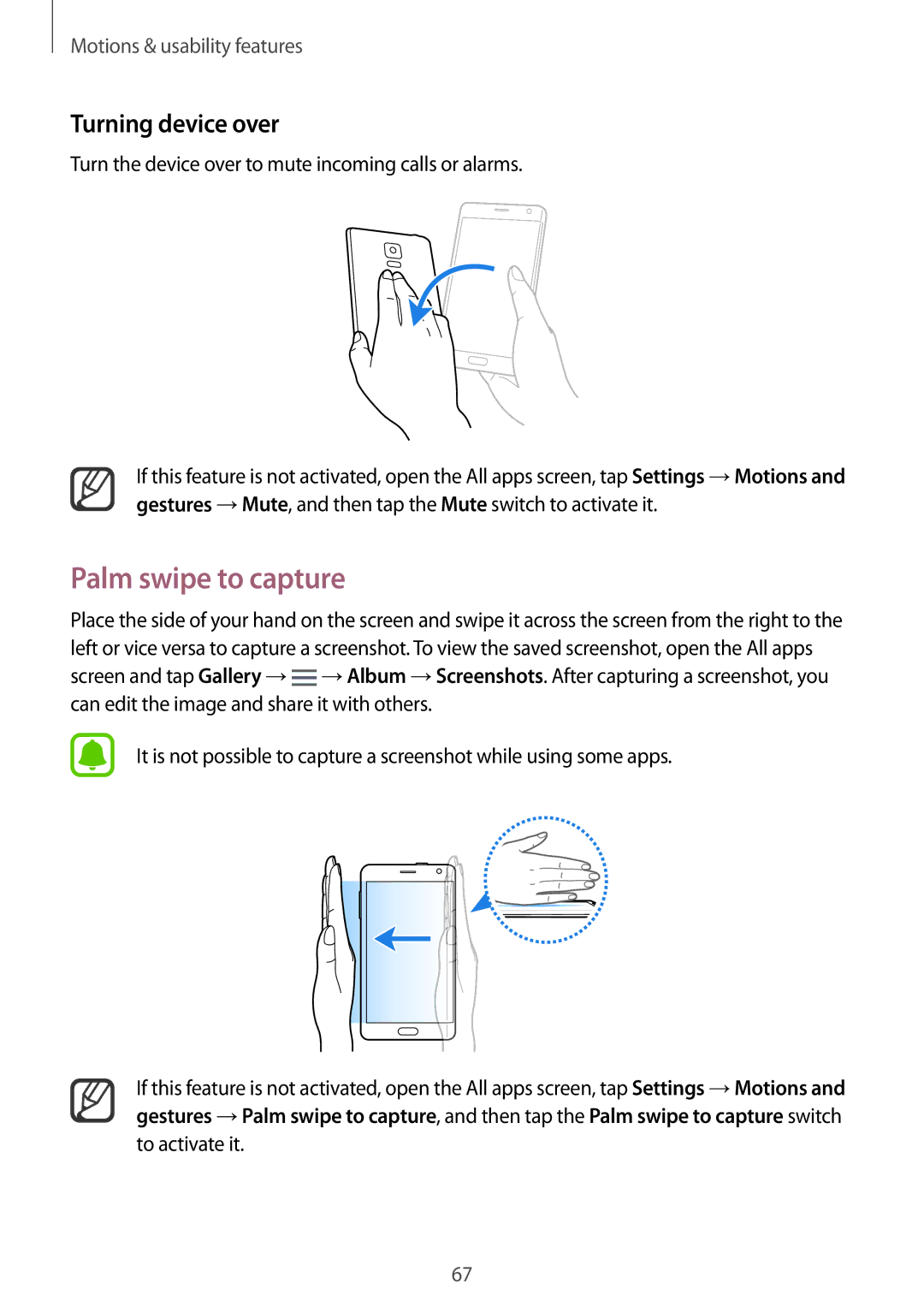 Samsung SM-N915FZWYSEB Palm swipe to capture, Turning device over, Turn the device over to mute incoming calls or alarms 