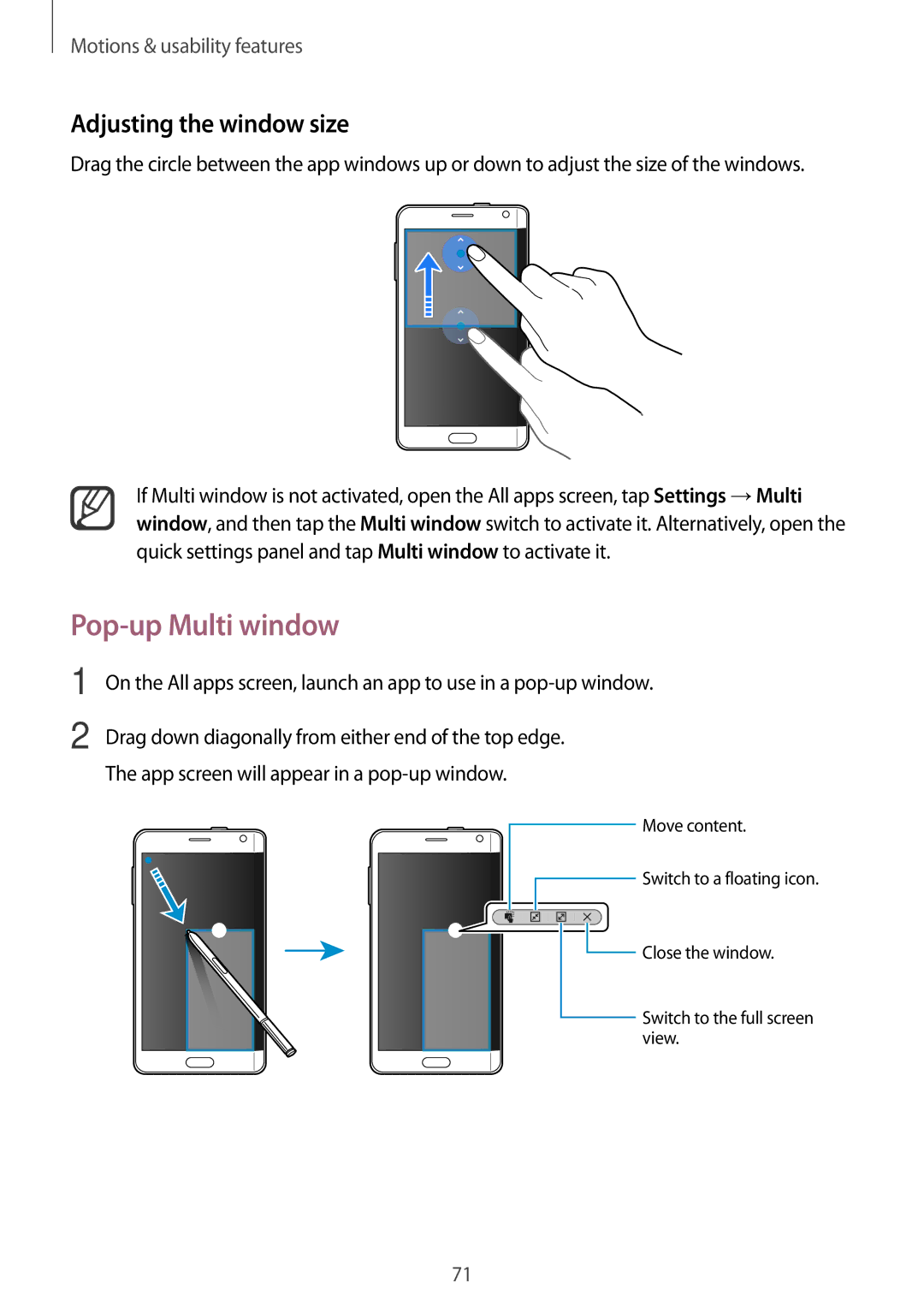 Samsung SM-N915FZKESER, SM-N915FZWYEUR, SM-N915FZKYATO, SM-N915FZWYTPH manual Pop-up Multi window, Adjusting the window size 