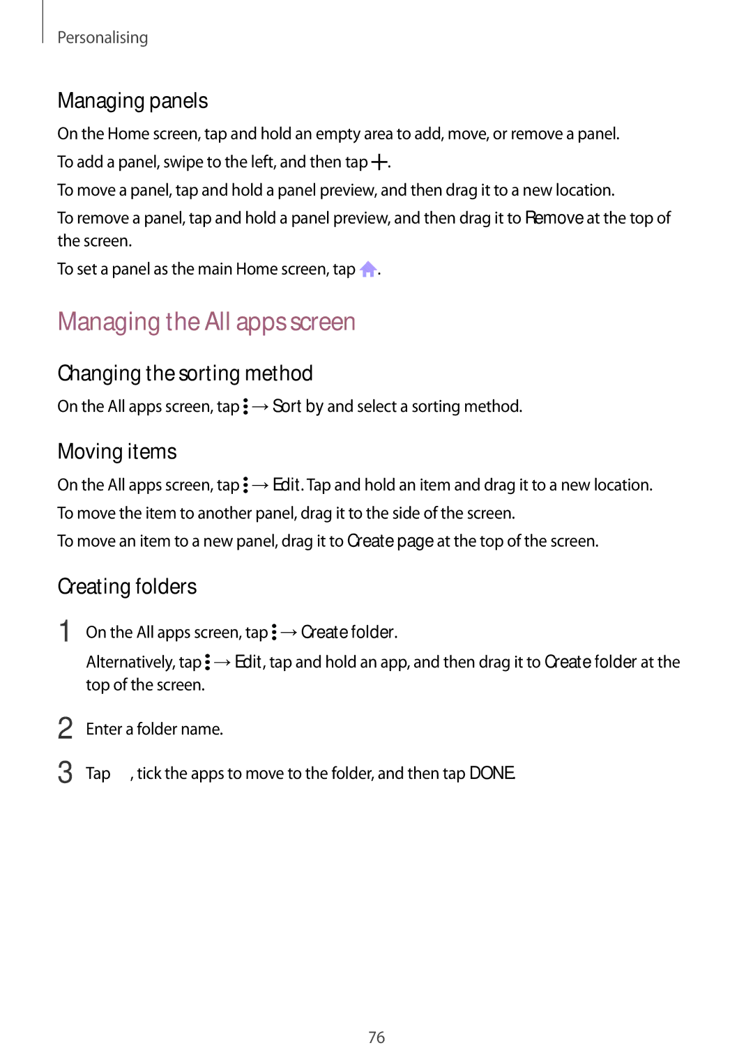 Samsung SM-N915FZWYXEO manual Managing the All apps screen, Managing panels, Changing the sorting method, Moving items 