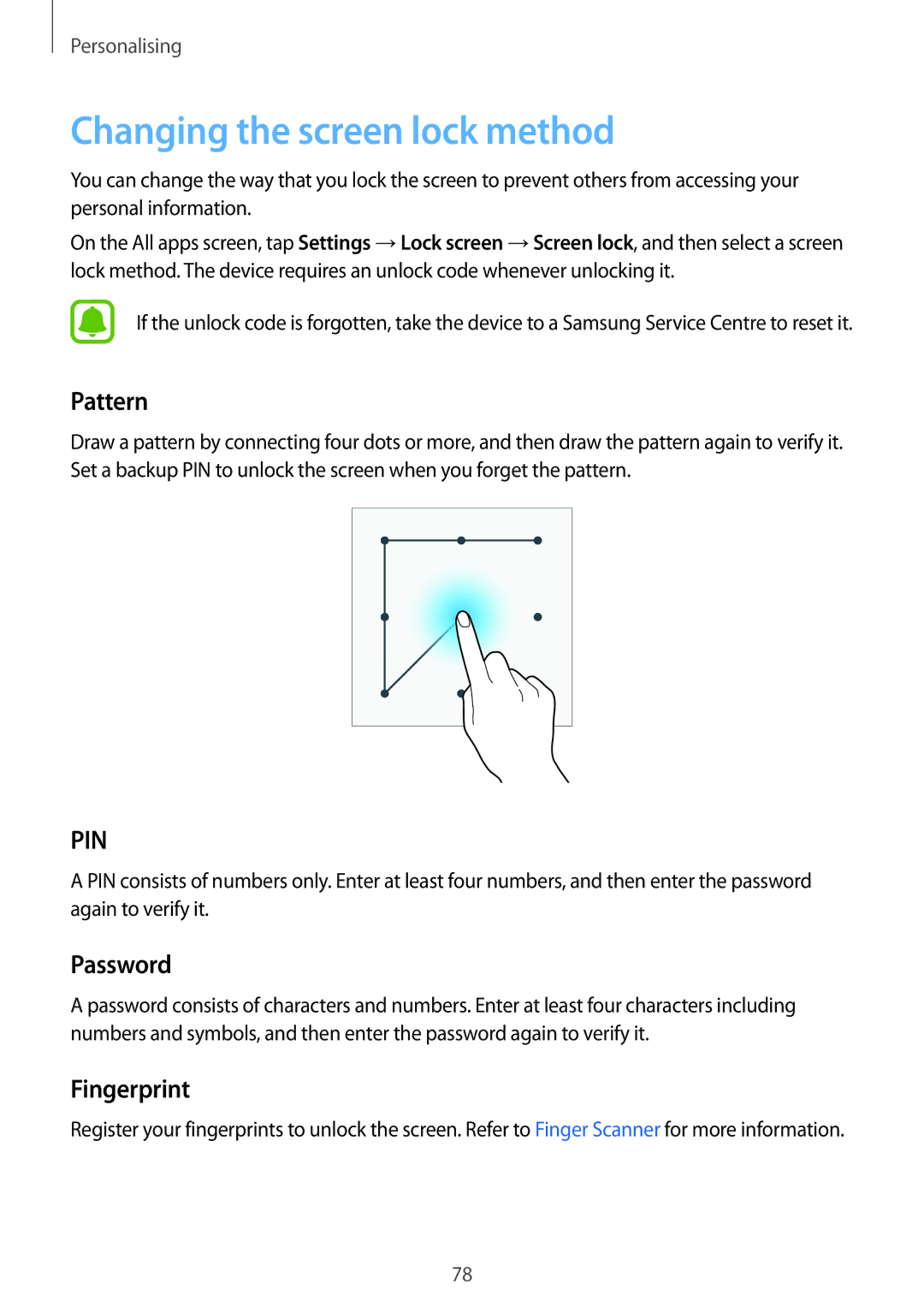 Samsung SM-N915FZKYEUR, SM-N915FZWYEUR, SM-N915FZKYATO manual Changing the screen lock method, Pattern, Password, Fingerprint 