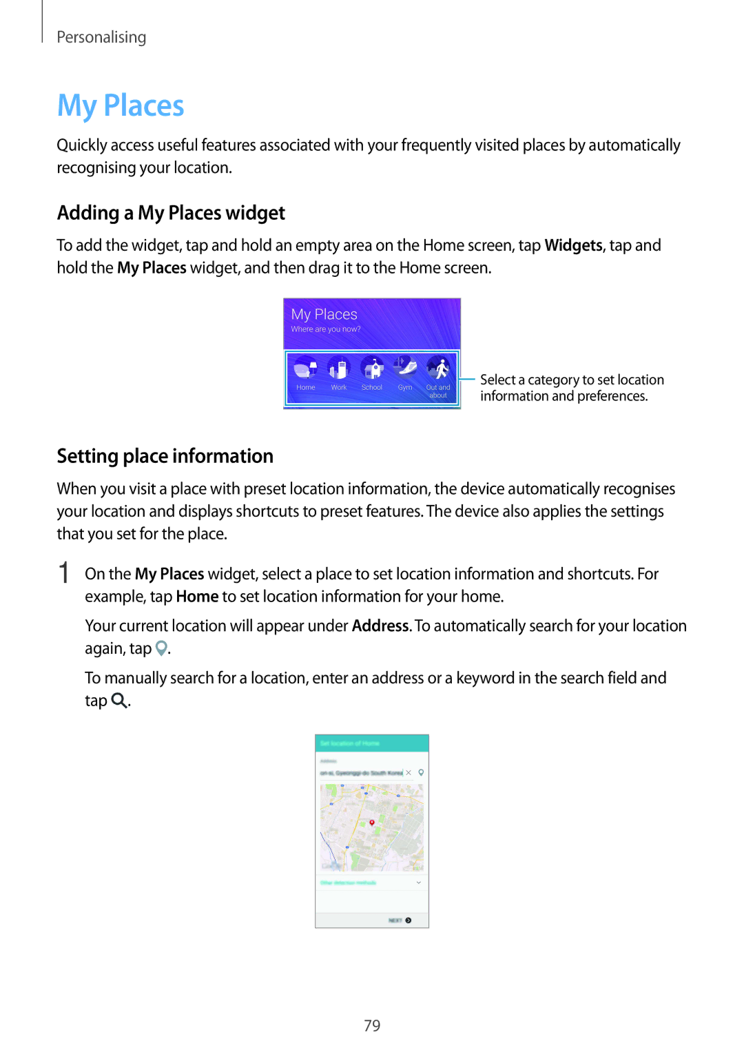 Samsung SM-N915FZWYATO, SM-N915FZWYEUR, SM-N915FZKYATO manual Adding a My Places widget, Setting place information 