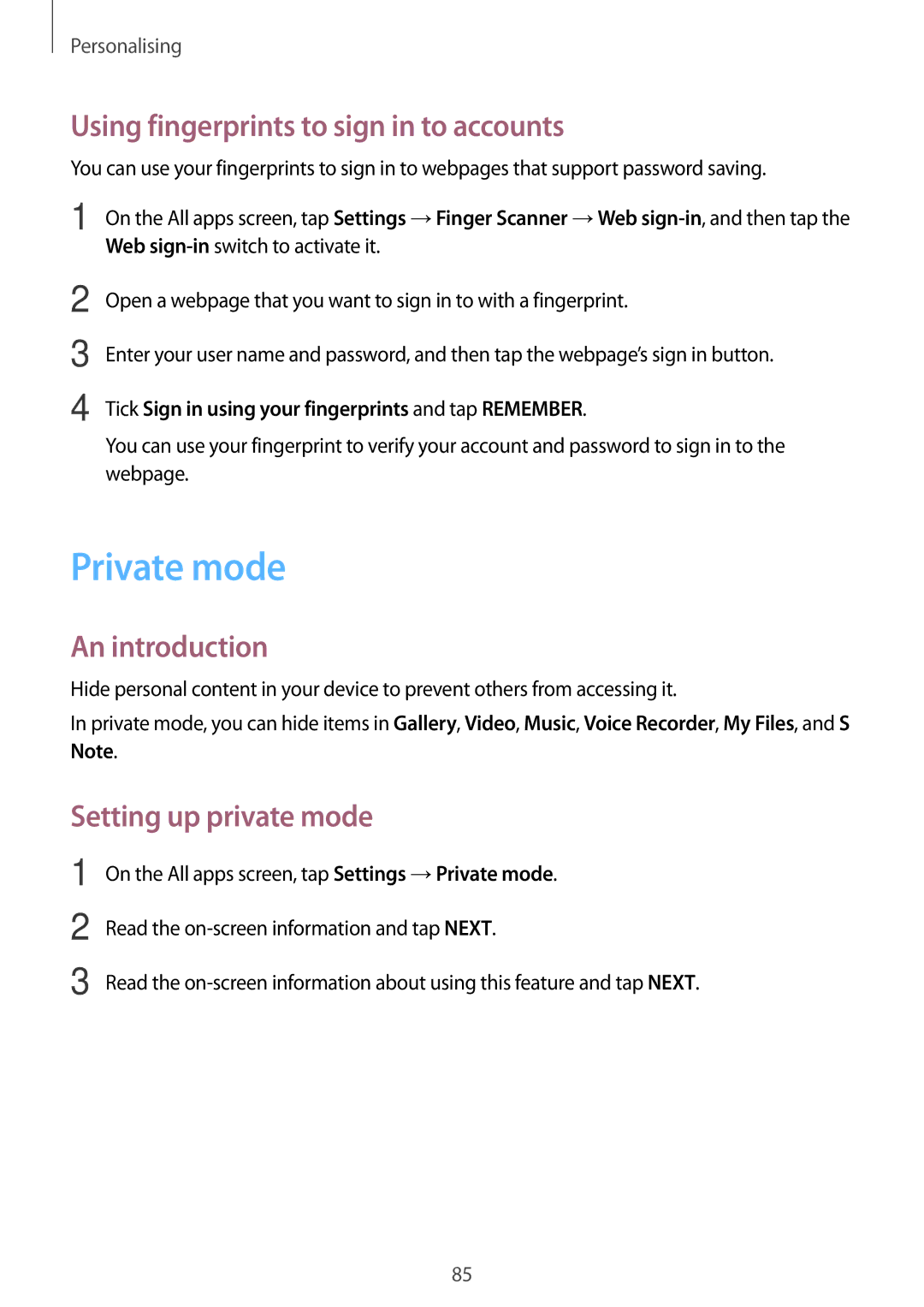 Samsung SM-N915FZKYXEO, SM-N915FZWYEUR Private mode, Using fingerprints to sign in to accounts, Setting up private mode 