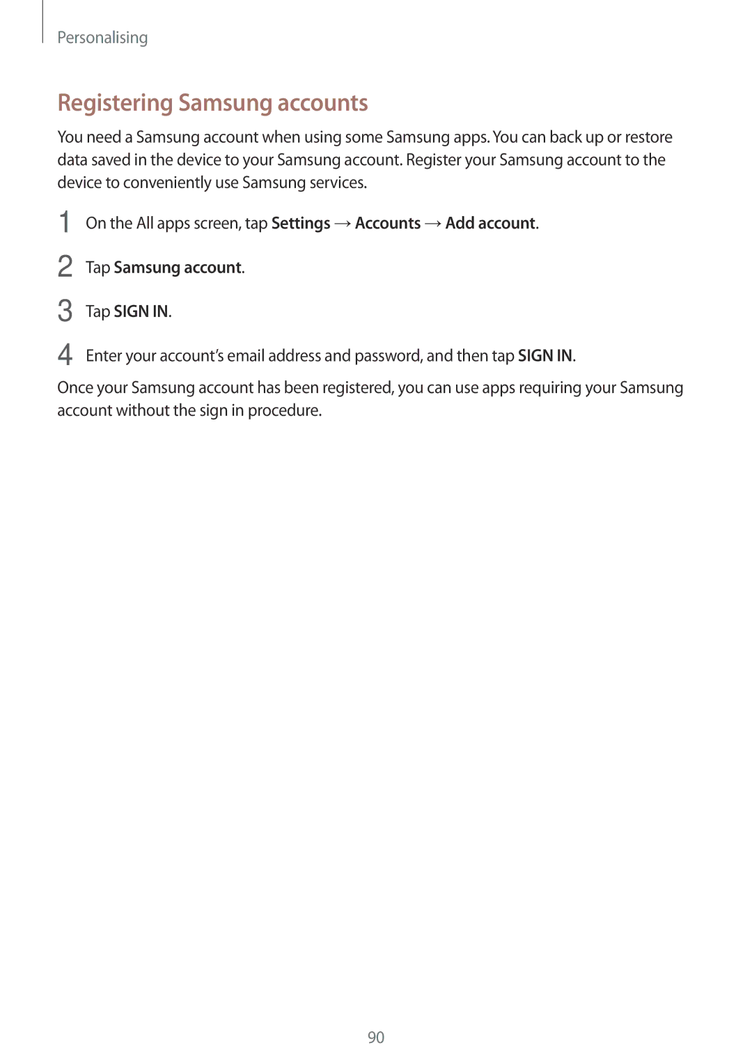 Samsung SM-N915FZWEKSA, SM-N915FZWYEUR, SM-N915FZKYATO manual Registering Samsung accounts, Tap Samsung account Tap Sign 