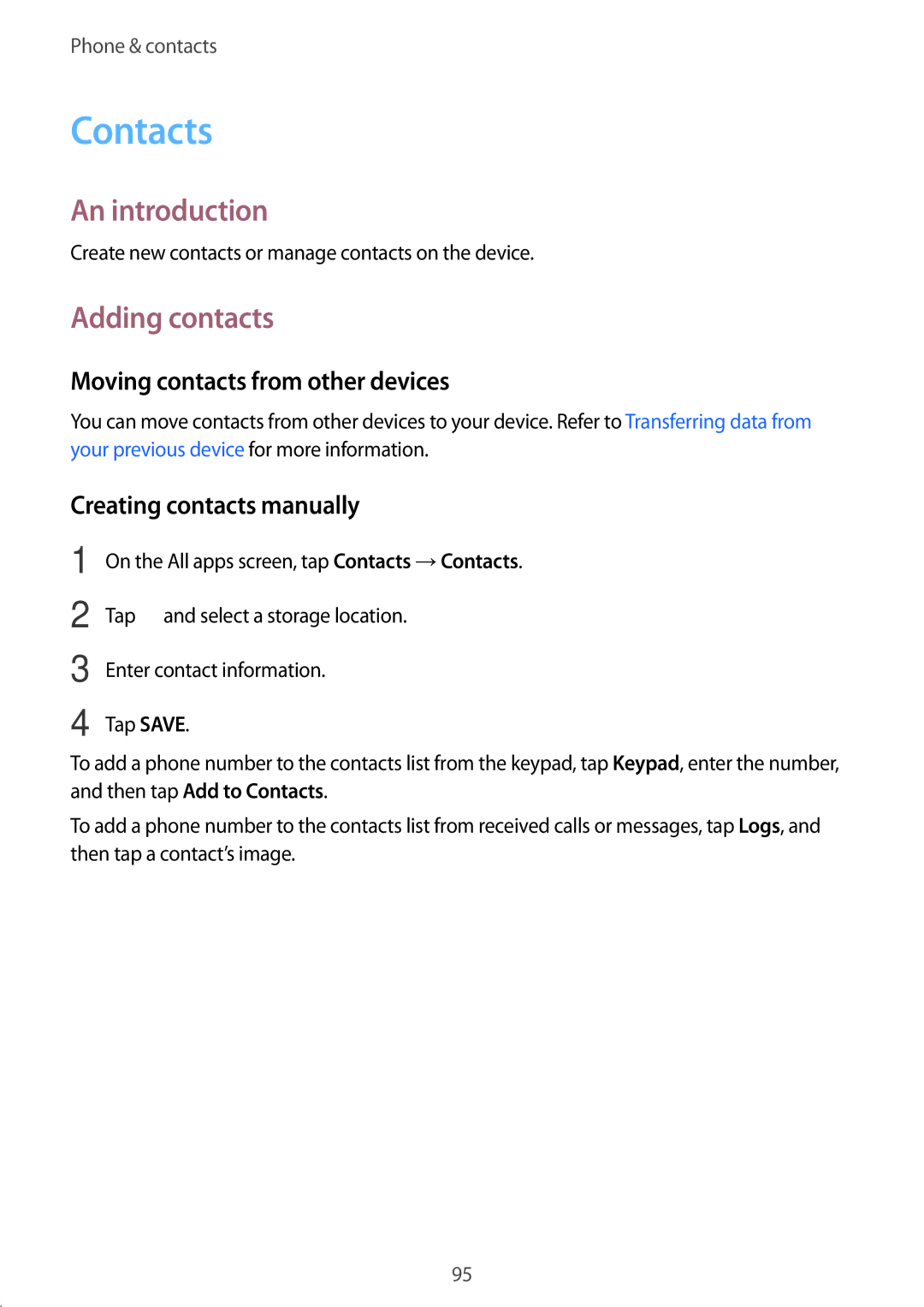 Samsung SM-N915FZWYXEH Contacts, Adding contacts, Moving contacts from other devices, Creating contacts manually 