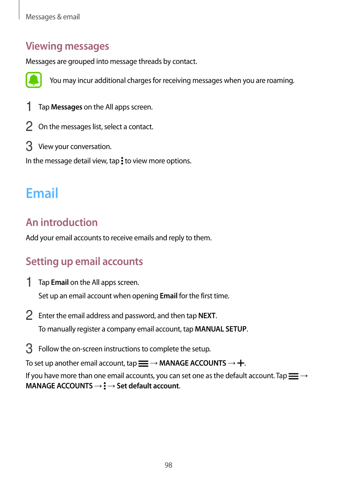 Samsung SM-N915FZWYAUT, SM-N915FZWYEUR, SM-N915FZKYATO, SM-N915FZWYTPH manual Viewing messages, Setting up email accounts 