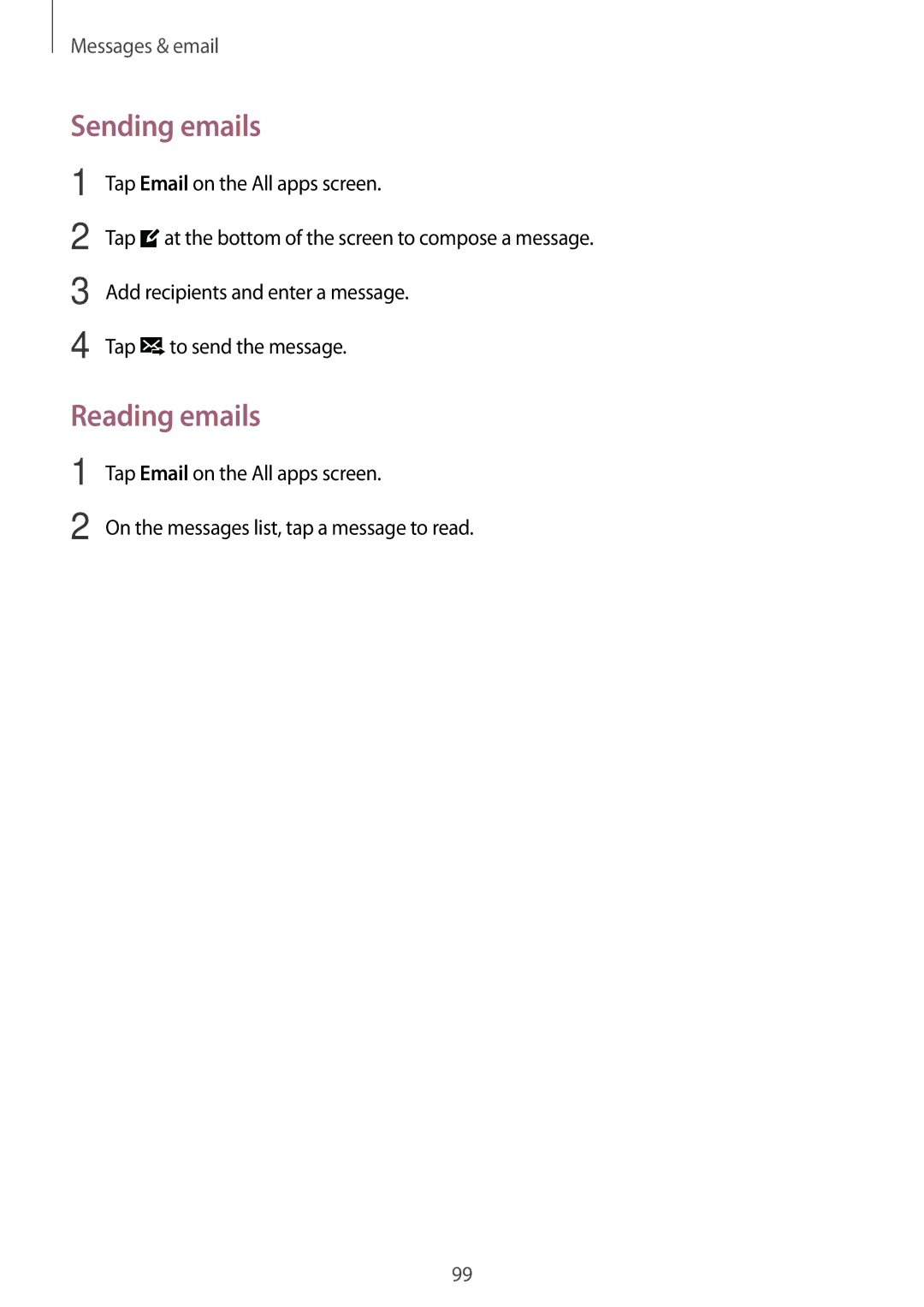 Samsung SM-N915FZKYETL, SM-N915FZWYEUR, SM-N915FZKYATO, SM-N915FZWYTPH, SM-N915FZKYTPH manual Sending emails, Reading emails 