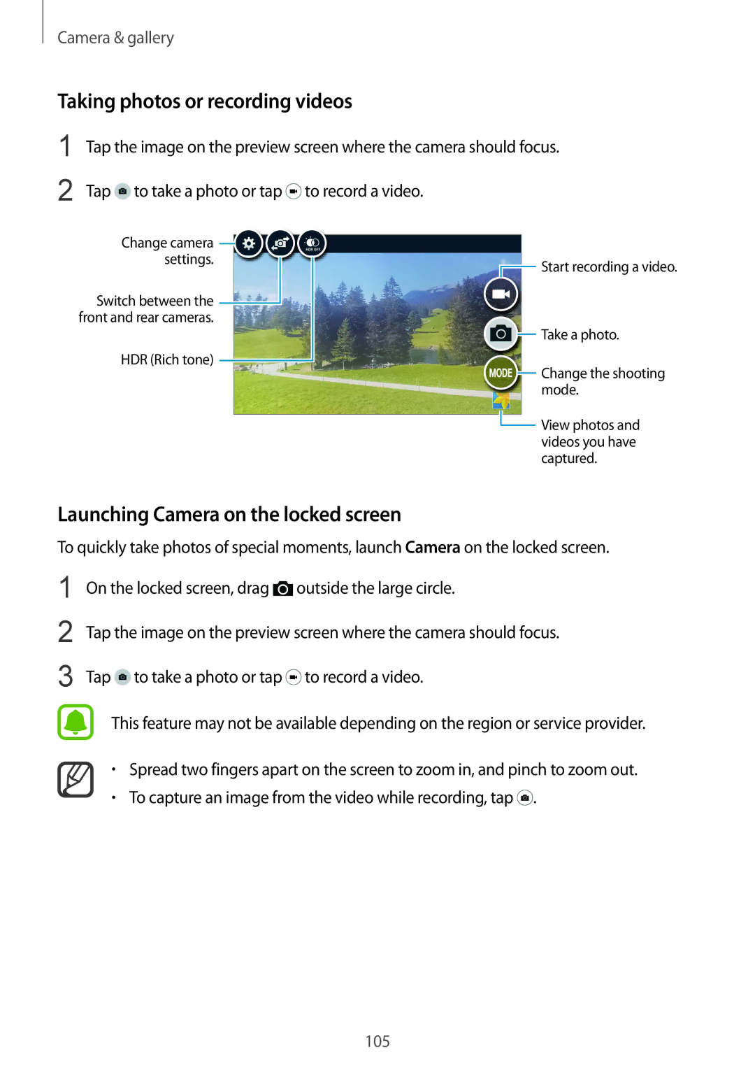 Samsung SM-N915FZWYITV, SM-N915FZWYEUR manual Taking photos or recording videos, Launching Camera on the locked screen 