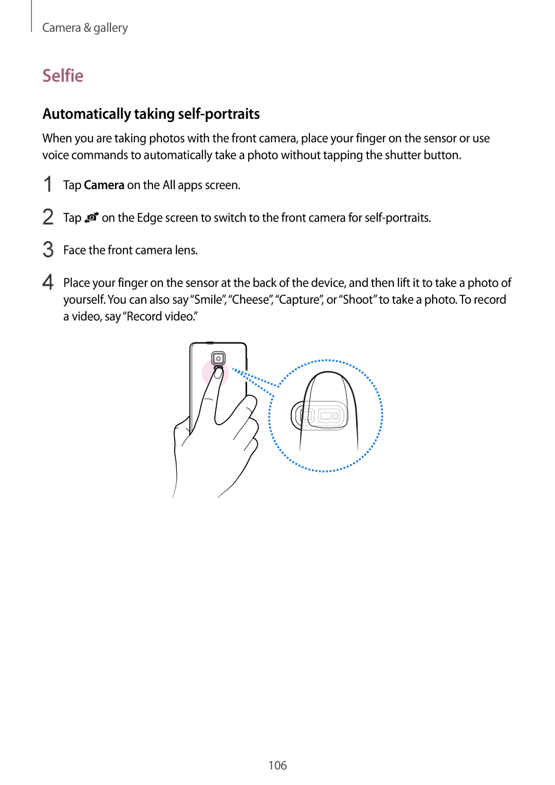 Samsung SM-N915FZKYXEO, SM-N915FZWYEUR, SM-N915FZKYATO, SM-N915FZWYTPH manual Selfie, Automatically taking self-portraits 