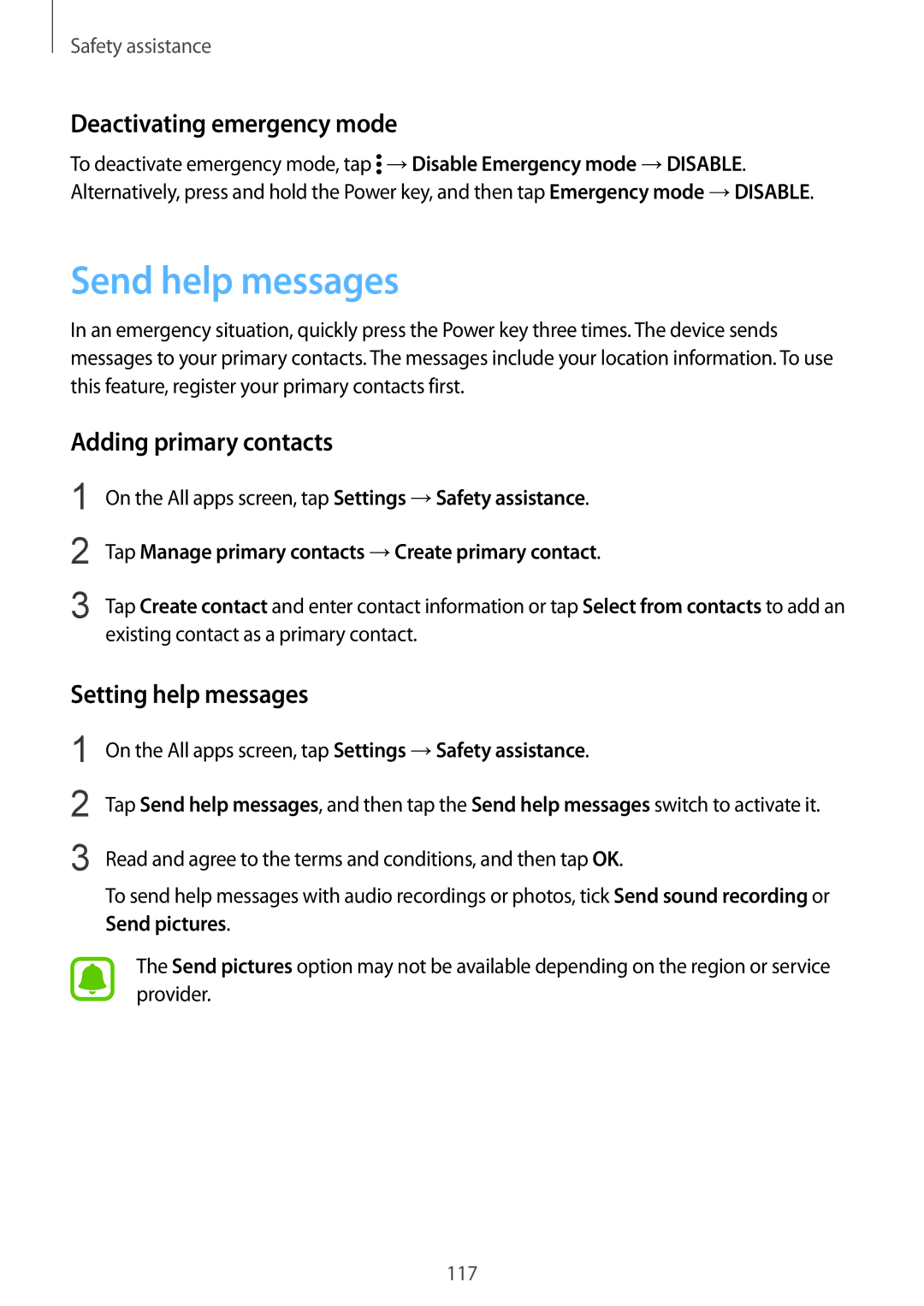 Samsung SM-N915FZKYETL Send help messages, Deactivating emergency mode, Adding primary contacts, Setting help messages 