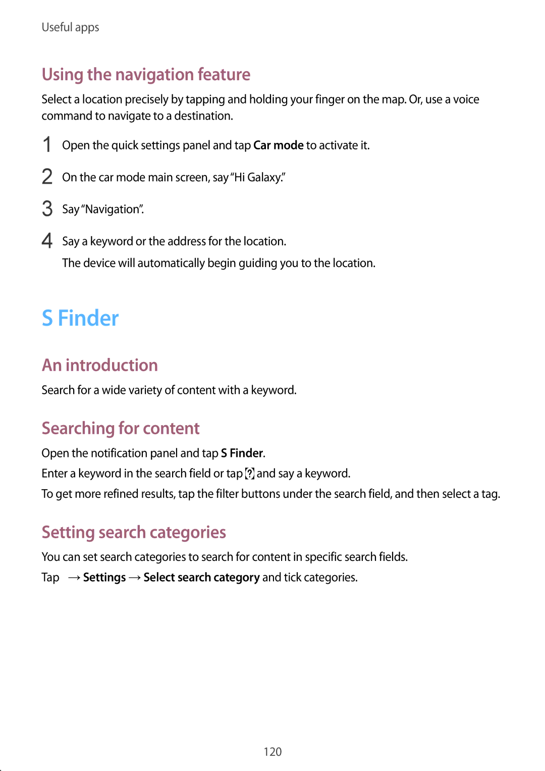 Samsung SM-N915FZKYNEE manual Finder, Using the navigation feature, Searching for content, Setting search categories 