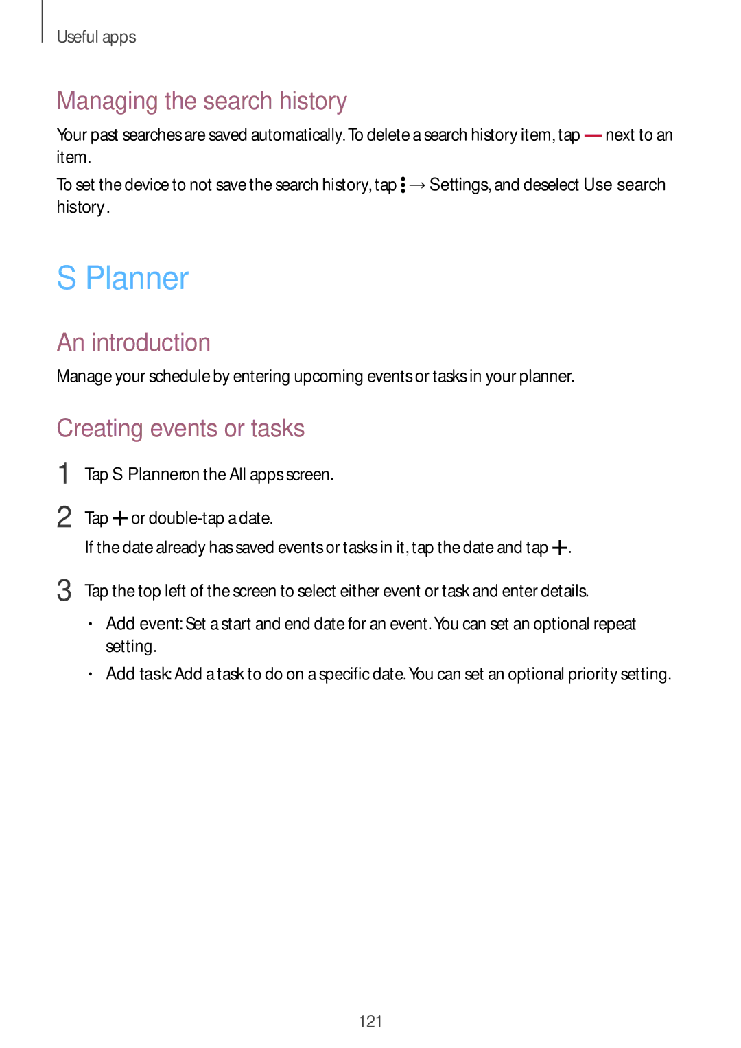 Samsung SM-N915FZWYSEB, SM-N915FZWYEUR, SM-N915FZKYATO manual Planner, Managing the search history, Creating events or tasks 