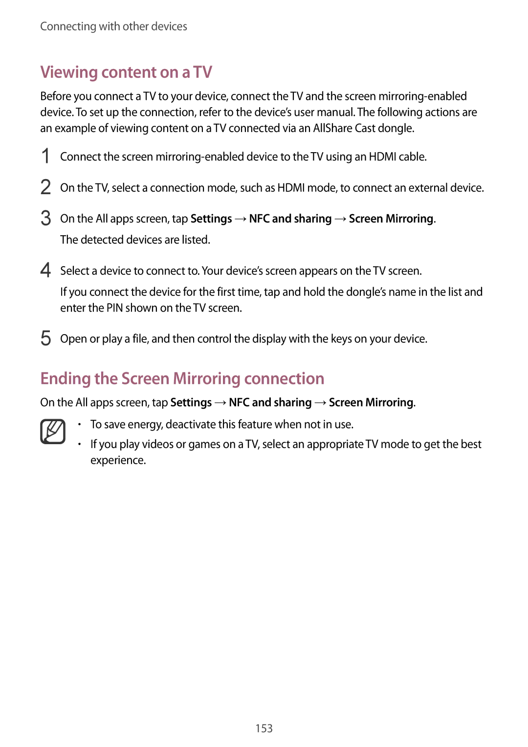 Samsung SM-N915FZWESER, SM-N915FZWYEUR, SM-N915FZKYATO manual Viewing content on a TV, Ending the Screen Mirroring connection 